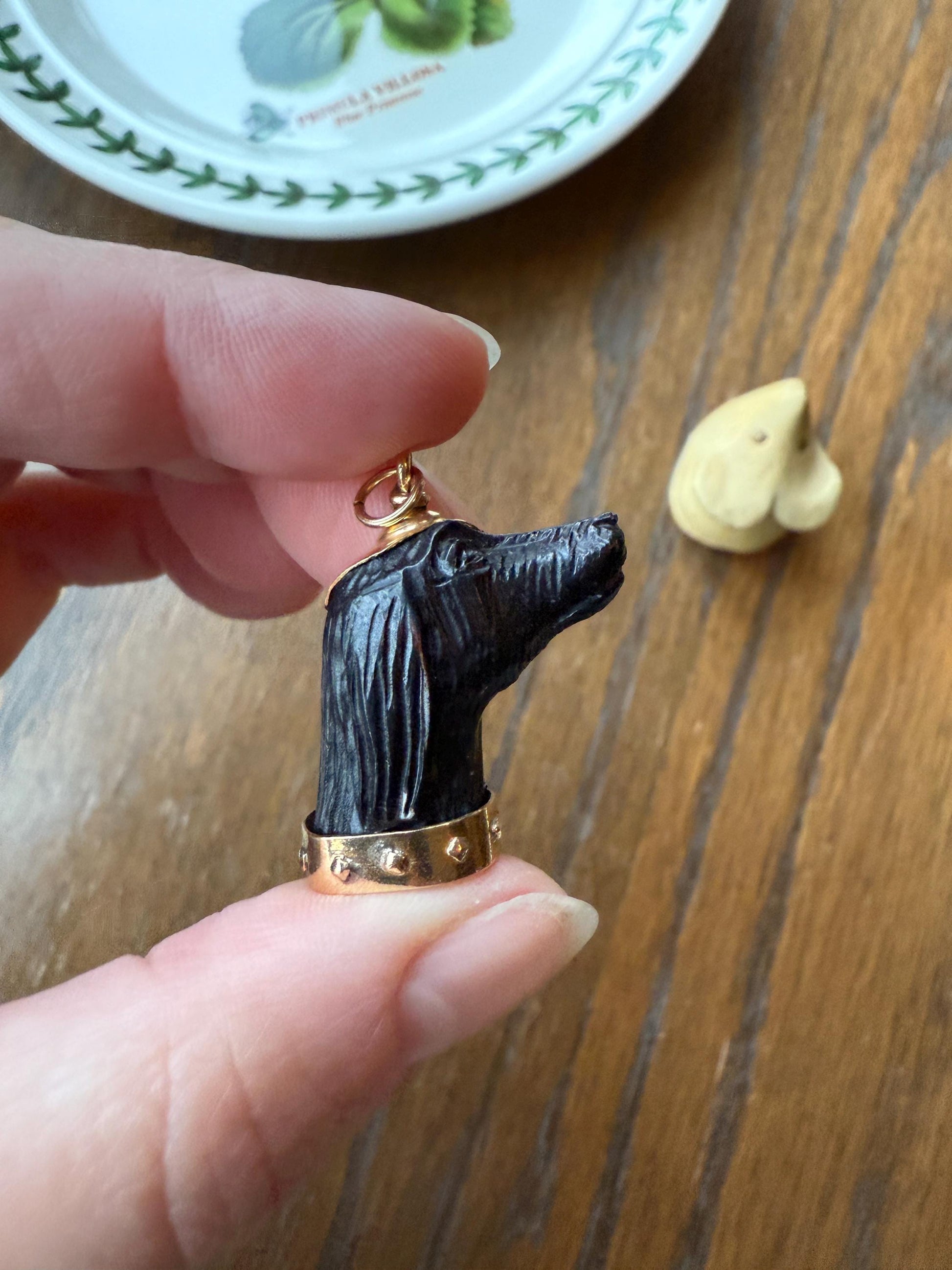 XL Victorian ANTIQUE Black Gutta Percha? 3D DOG Head Carved 18k Gold Ball Rivet Collar Figural Hunting Loyalty Hound Charm Pendant Fob
