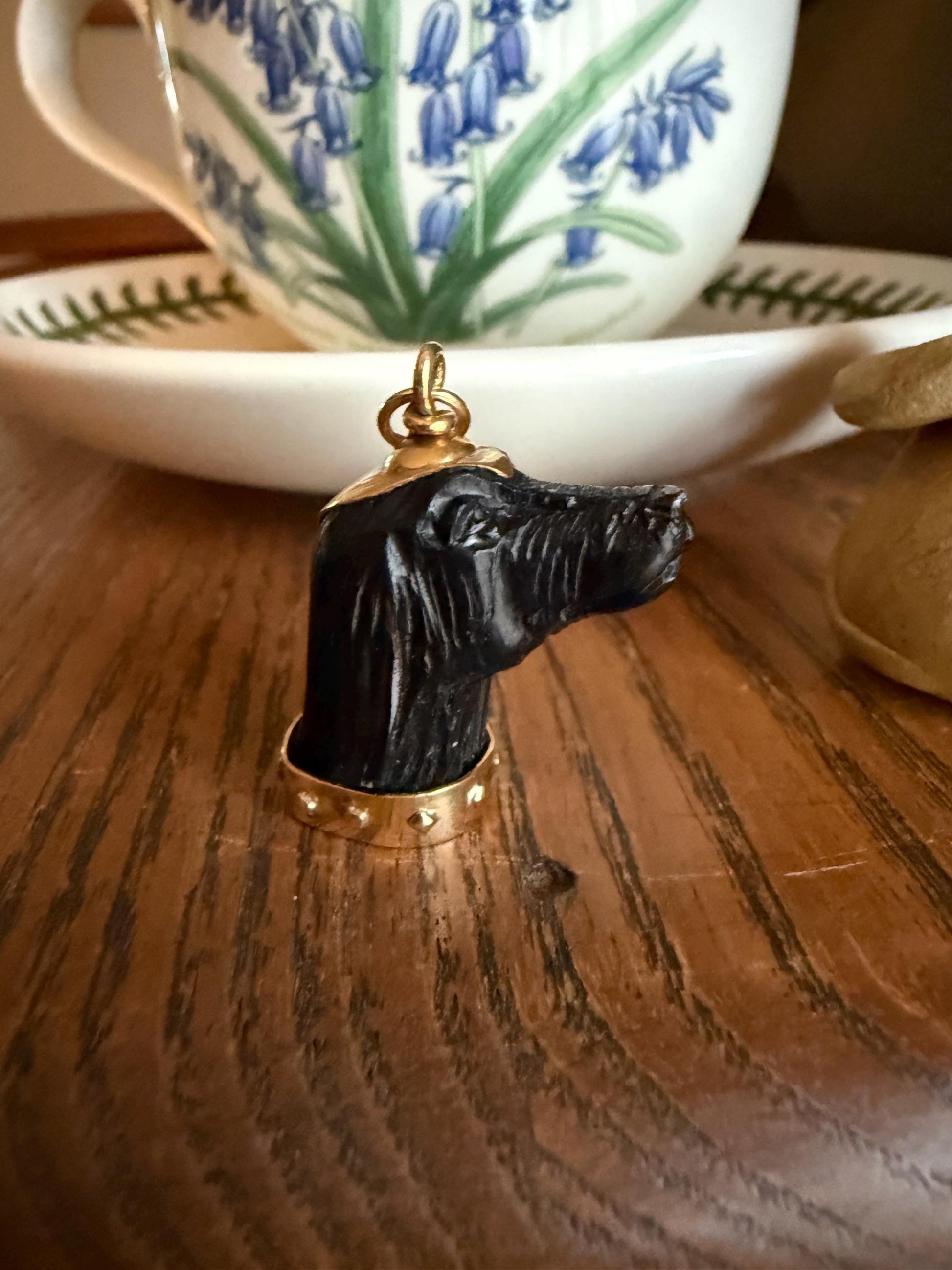 XL Victorian ANTIQUE Black Gutta Percha? 3D DOG Head Carved 18k Gold Ball Rivet Collar Figural Hunting Loyalty Hound Charm Pendant Fob