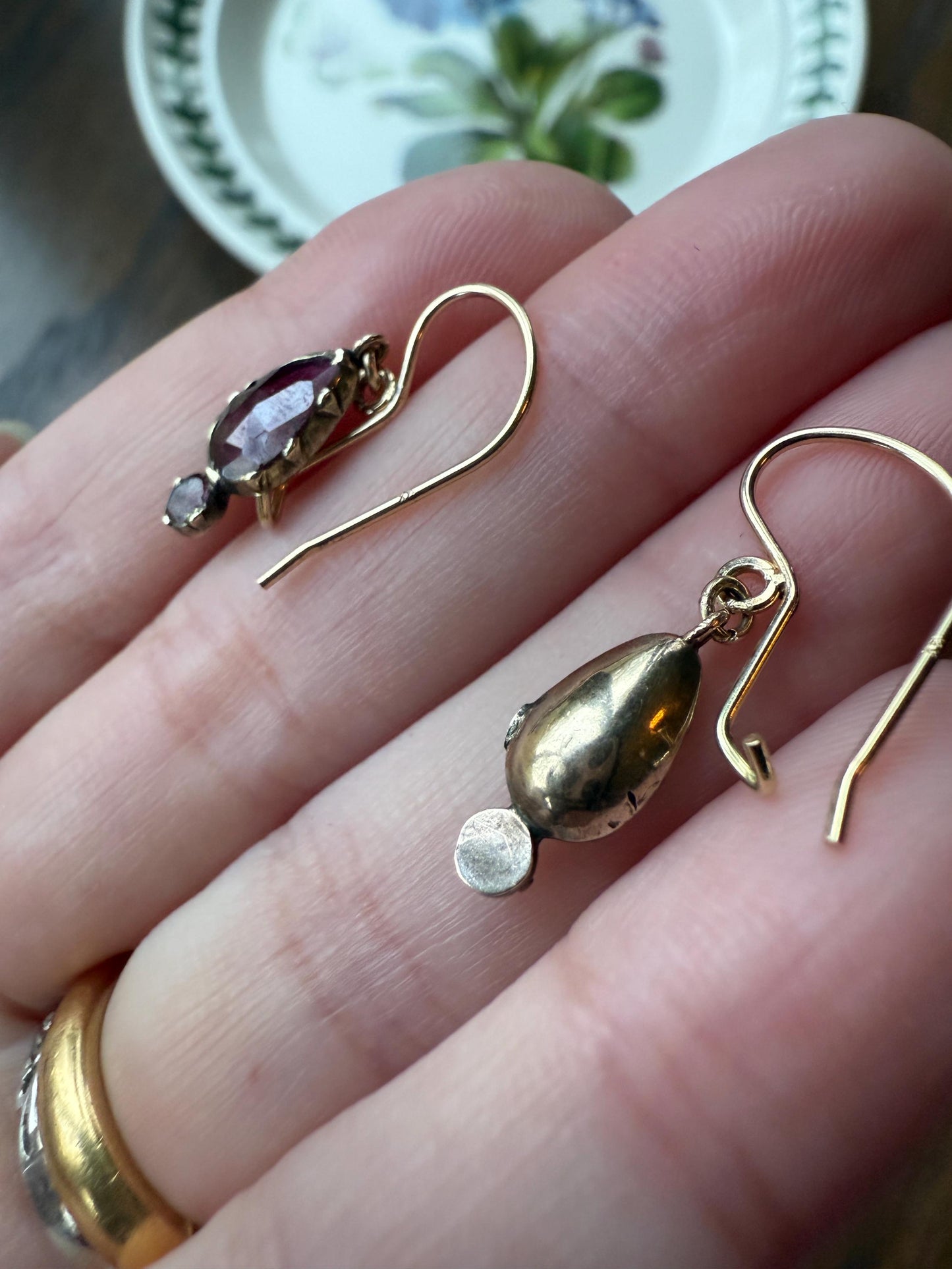 Teardrop Dangles Antique PERPIGNAN GARNET Earrings 18k Gold 14k Ear Wires French Dormouse Rose Cut Closed Back Almandine Glowing
