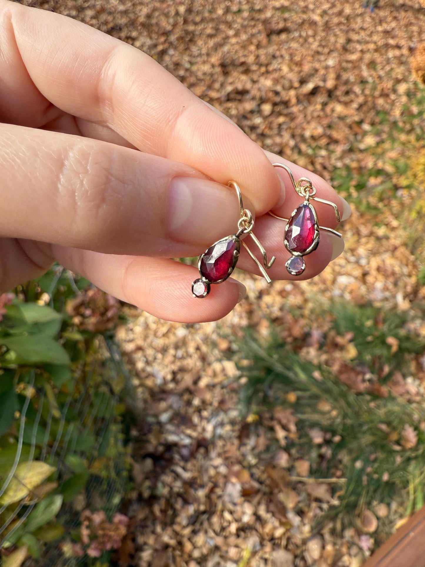 Teardrop Dangles Antique PERPIGNAN GARNET Earrings 18k Gold 14k Ear Wires French Dormouse Rose Cut Closed Back Almandine Glowing