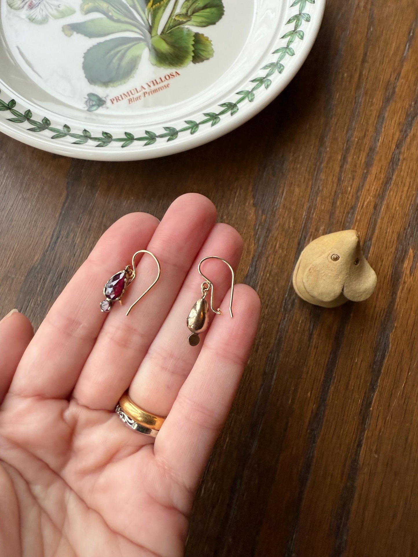 Teardrop Dangles Antique PERPIGNAN GARNET Earrings 18k Gold 14k Ear Wires French Dormouse Rose Cut Closed Back Almandine Glowing