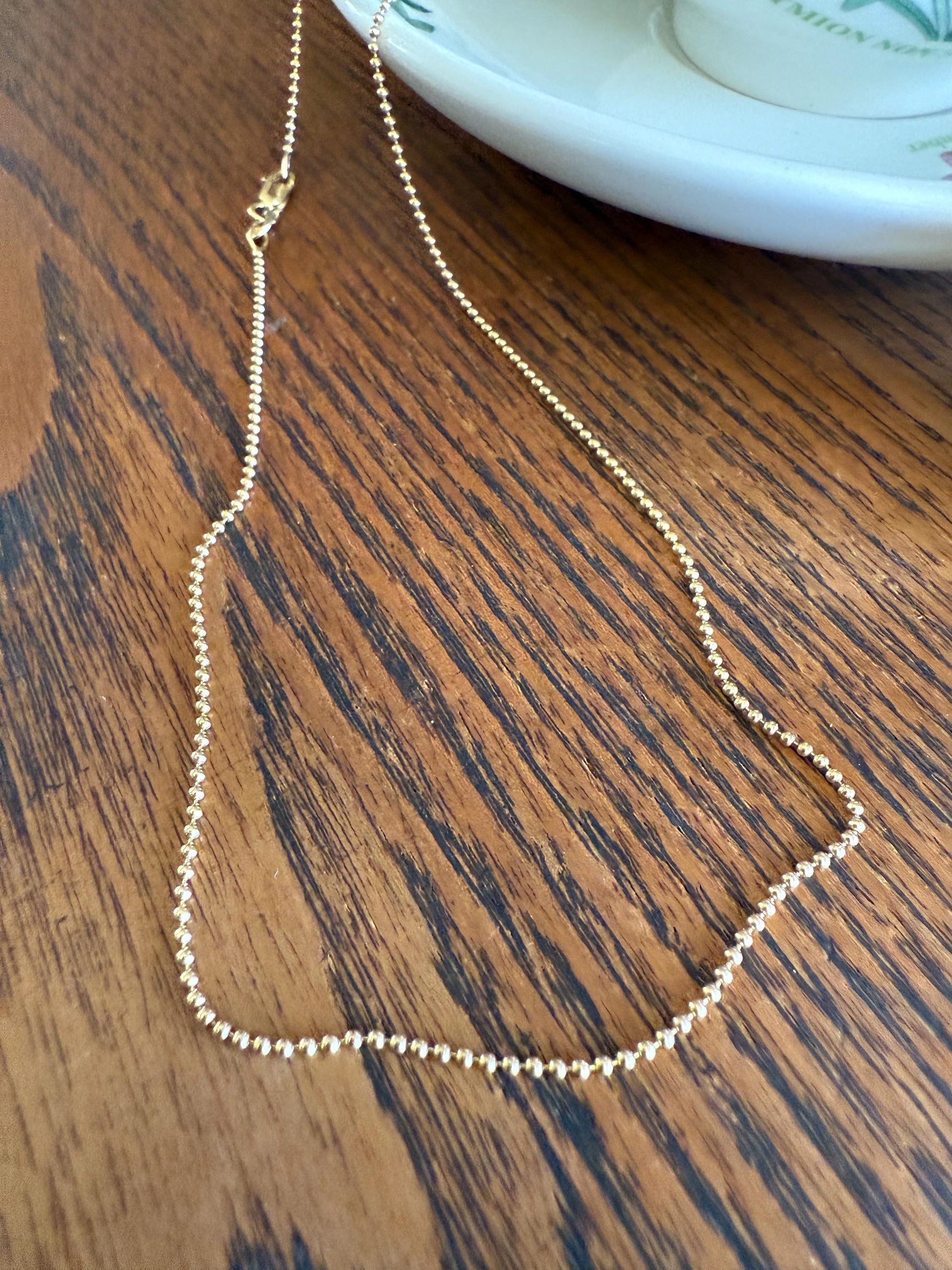 Vintage Teeny Tiny Mini Bead 14k Gold Pearl 16" Chain Necklace Solid Ball Rivet Minimalist Layering Pendant Holder Shimmer Neckmess Gift