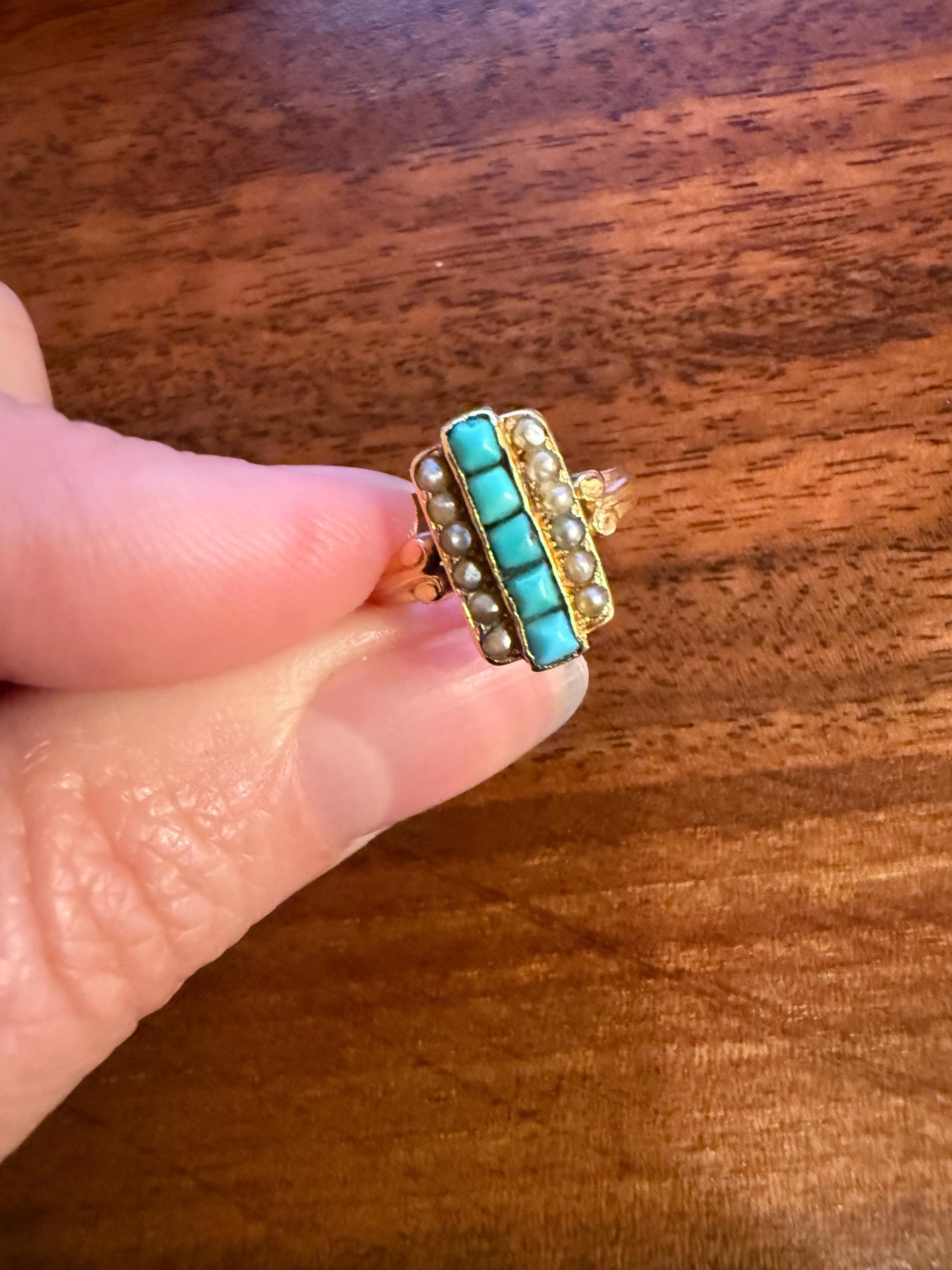 Antique 18k Gold French Turquoise Seed Pearl Linear Pinky Midi Ring Victorian Era Baby Child's Geometric Blue Dainty