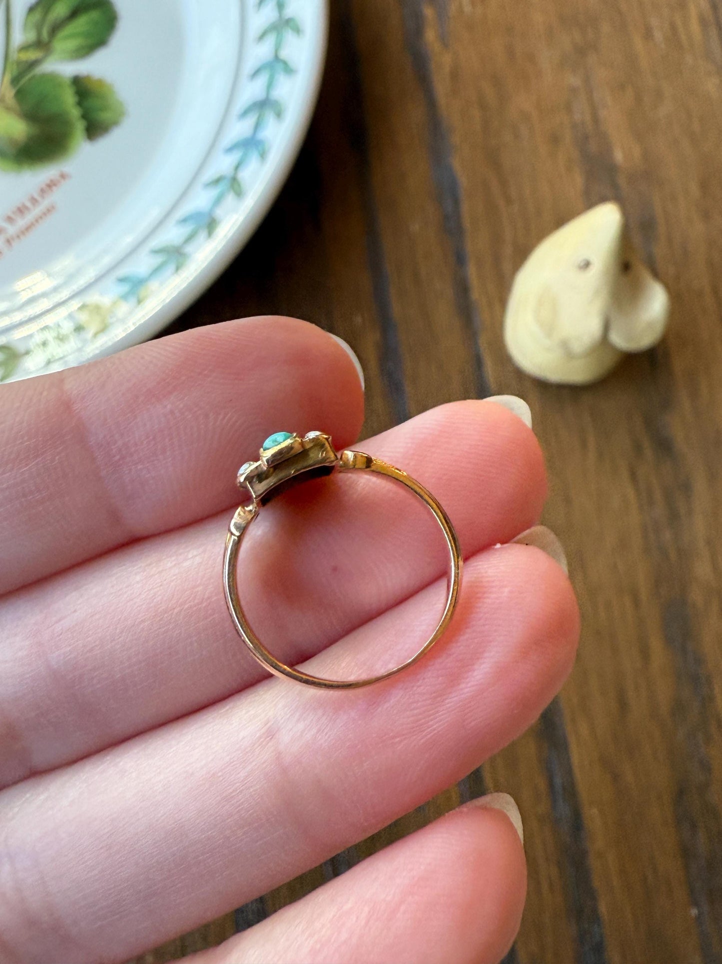 Antique 18k Gold French Turquoise Seed Pearl Linear Pinky Midi Ring Victorian Era Baby Child's Geometric Blue Dainty