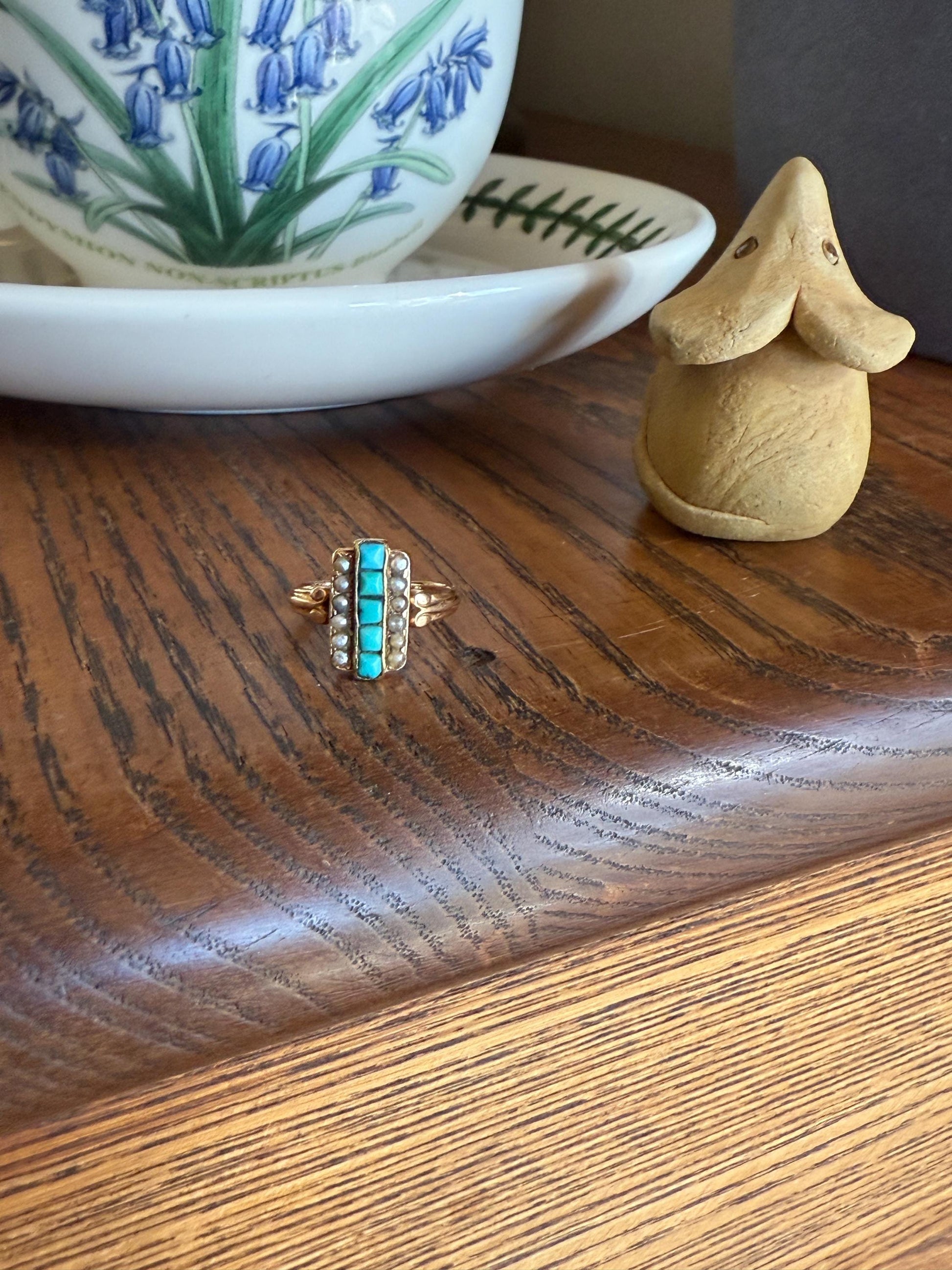 Antique 18k Gold French Turquoise Seed Pearl Linear Pinky Midi Ring Victorian Era Baby Child's Geometric Blue Dainty