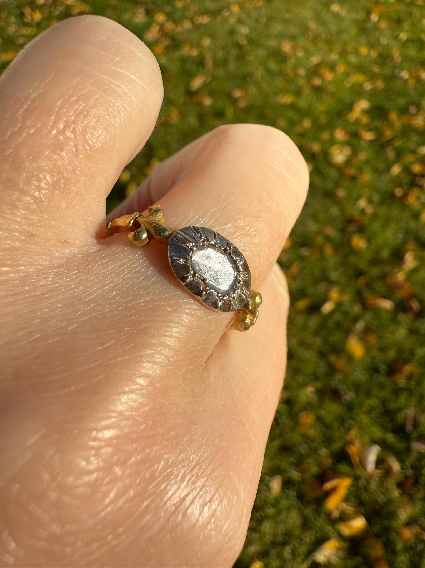 FLEUR De LIS Figural Antique Ring Rose Cut DIAMOND Solitaire Ring 18k Gold Solid East West Silver Collet Oval French Victorian Stacker Band