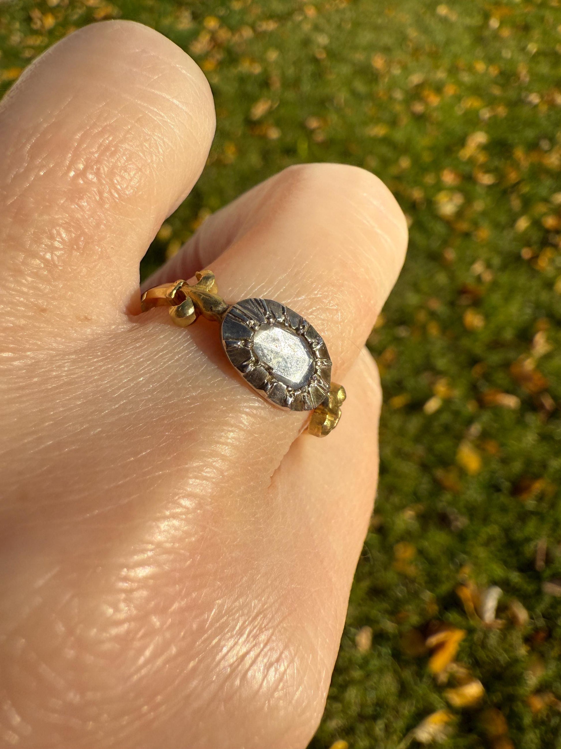 FLEUR De LIS Figural Antique Ring Rose Cut DIAMOND Solitaire Ring 18k Gold Solid East West Silver Collet Oval French Victorian Stacker Band