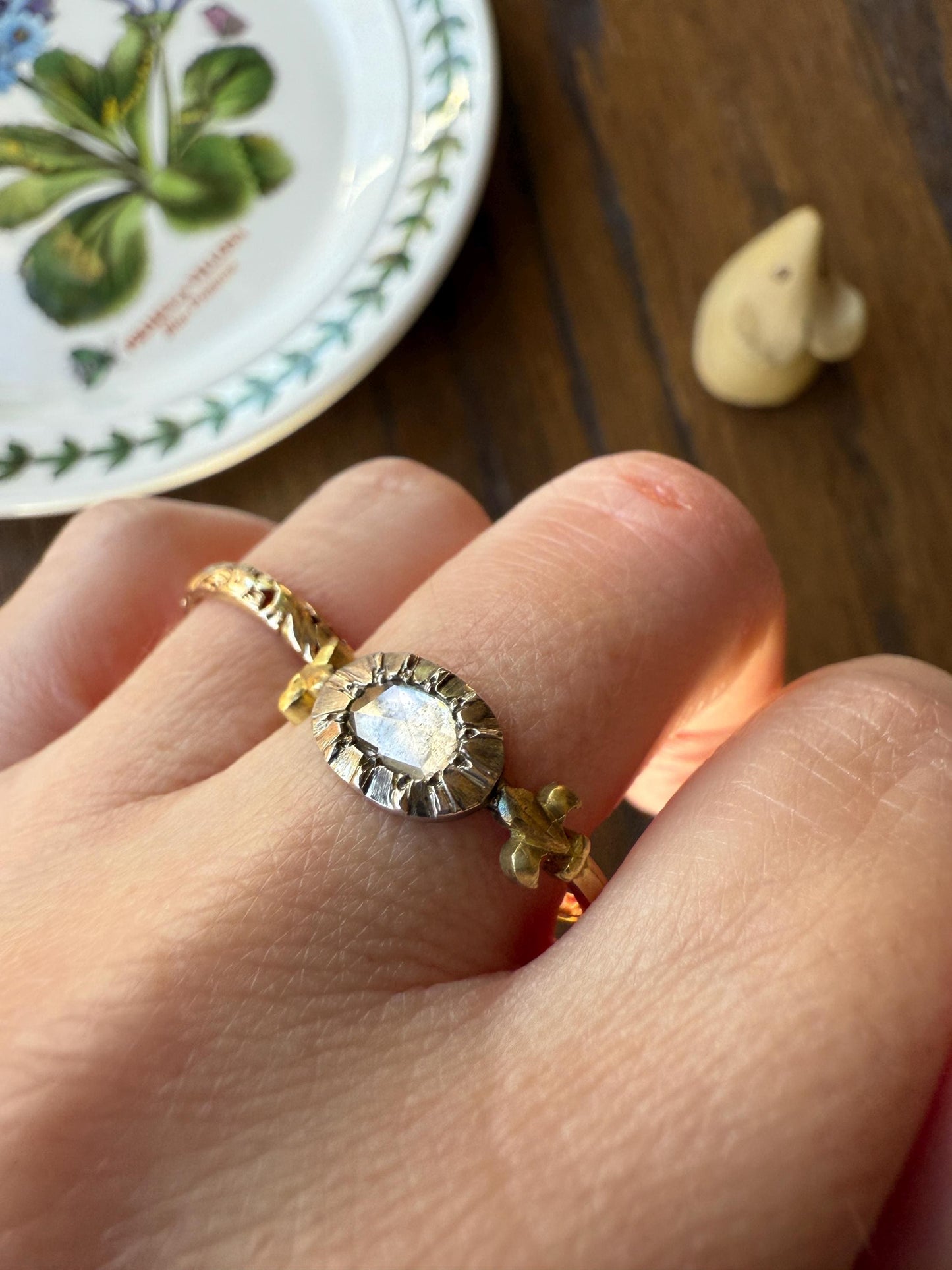 FLEUR De LIS Figural Antique Ring Rose Cut DIAMOND Solitaire Ring 18k Gold Solid East West Silver Collet Oval French Victorian Stacker Band