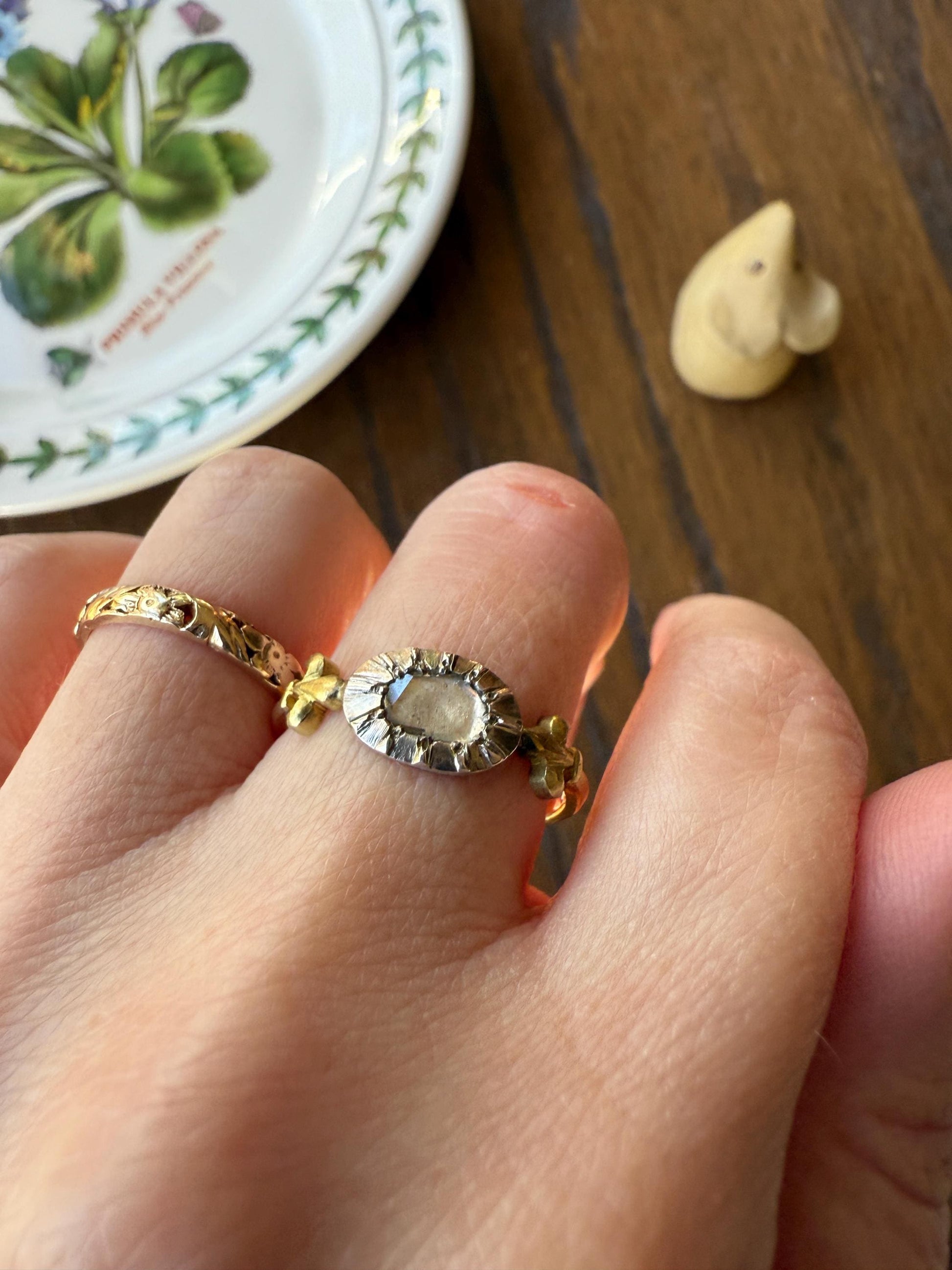 FLEUR De LIS Figural Antique Ring Rose Cut DIAMOND Solitaire Ring 18k Gold Solid East West Silver Collet Oval French Victorian Stacker Band