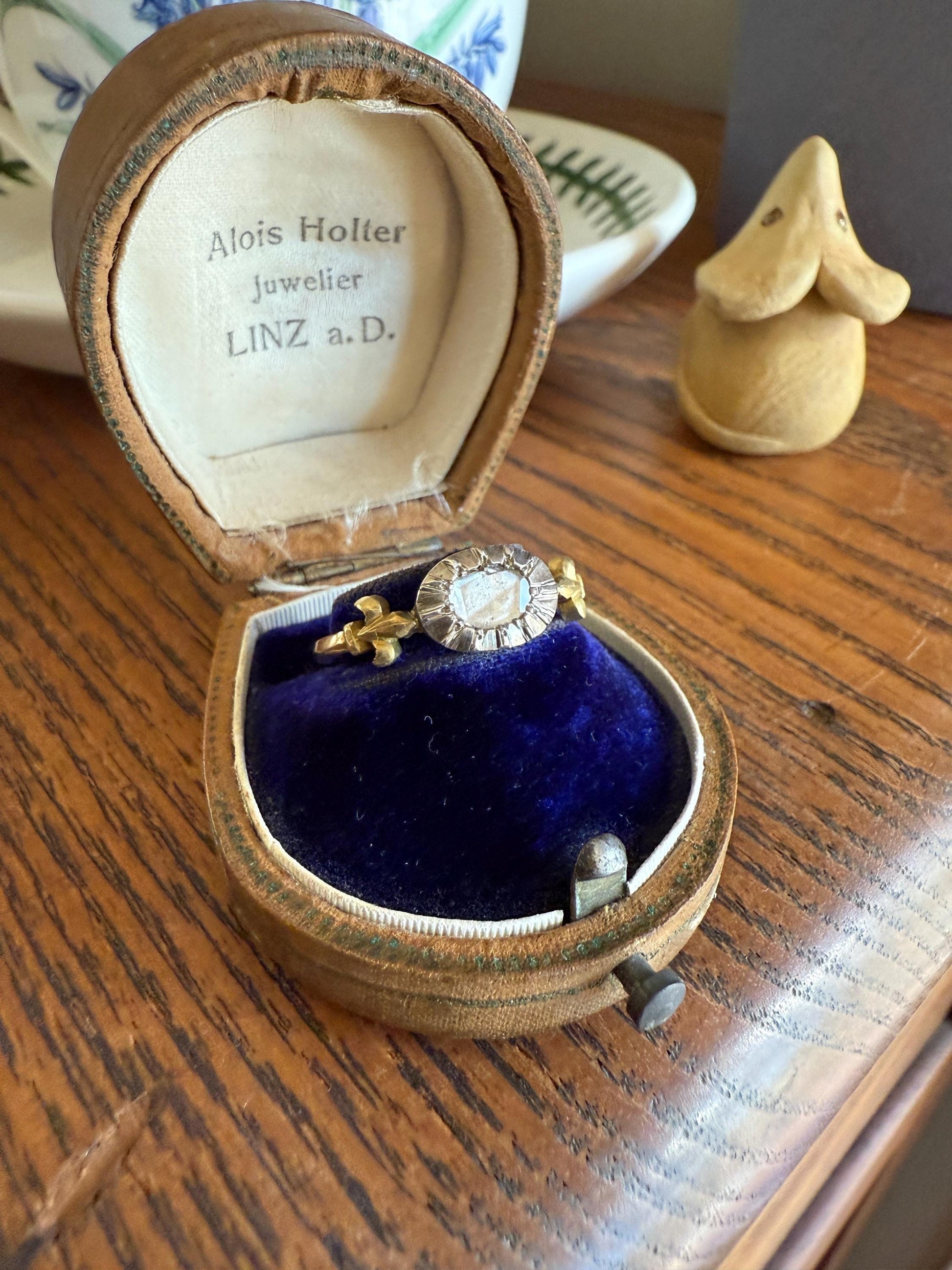 FLEUR De LIS Figural Antique Ring Rose Cut DIAMOND Solitaire Ring 18k Gold Solid East West Silver Collet Oval French Victorian Stacker Band