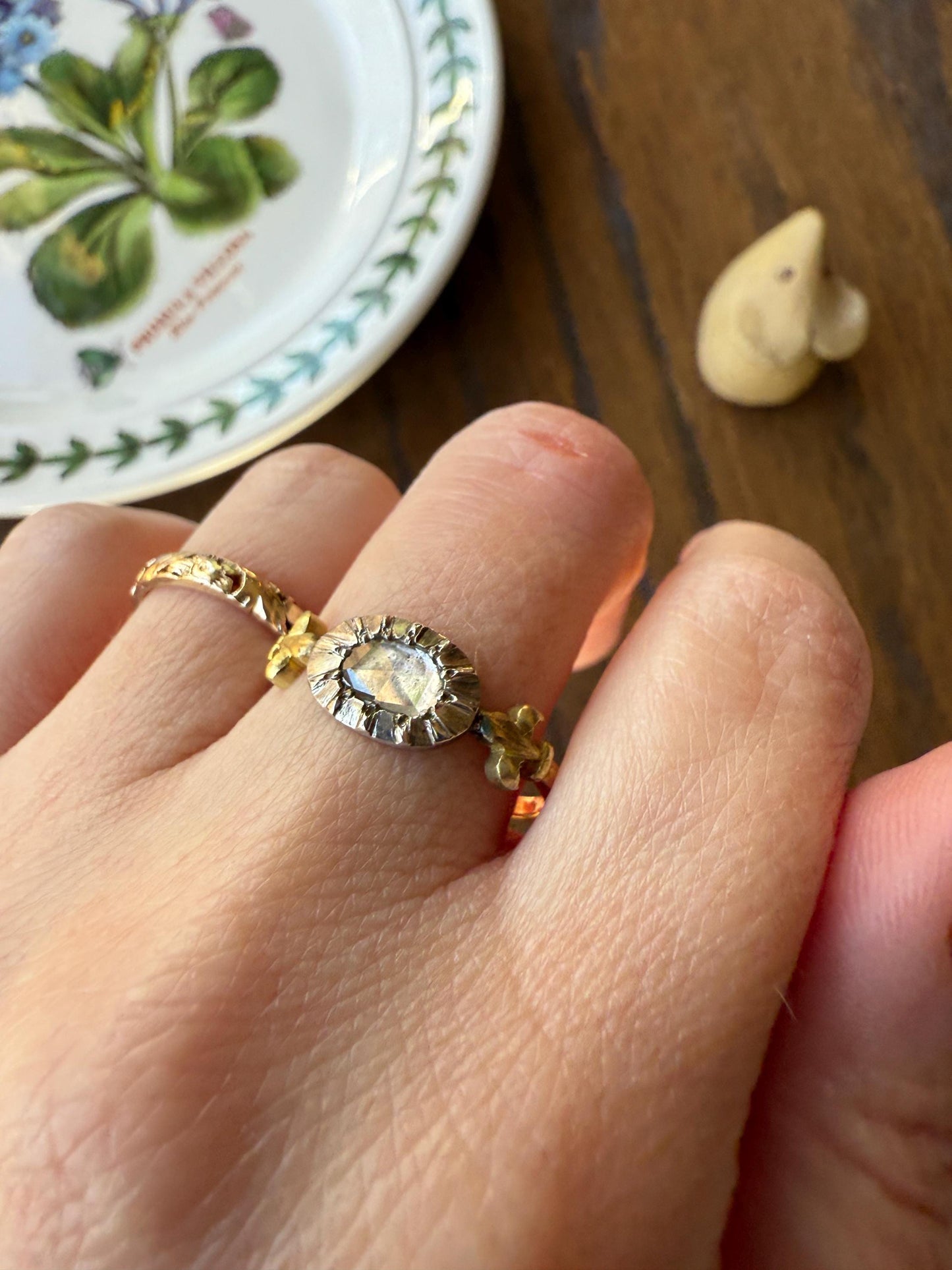 FLEUR De LIS Figural Antique Ring Rose Cut DIAMOND Solitaire Ring 18k Gold Solid East West Silver Collet Oval French Victorian Stacker Band