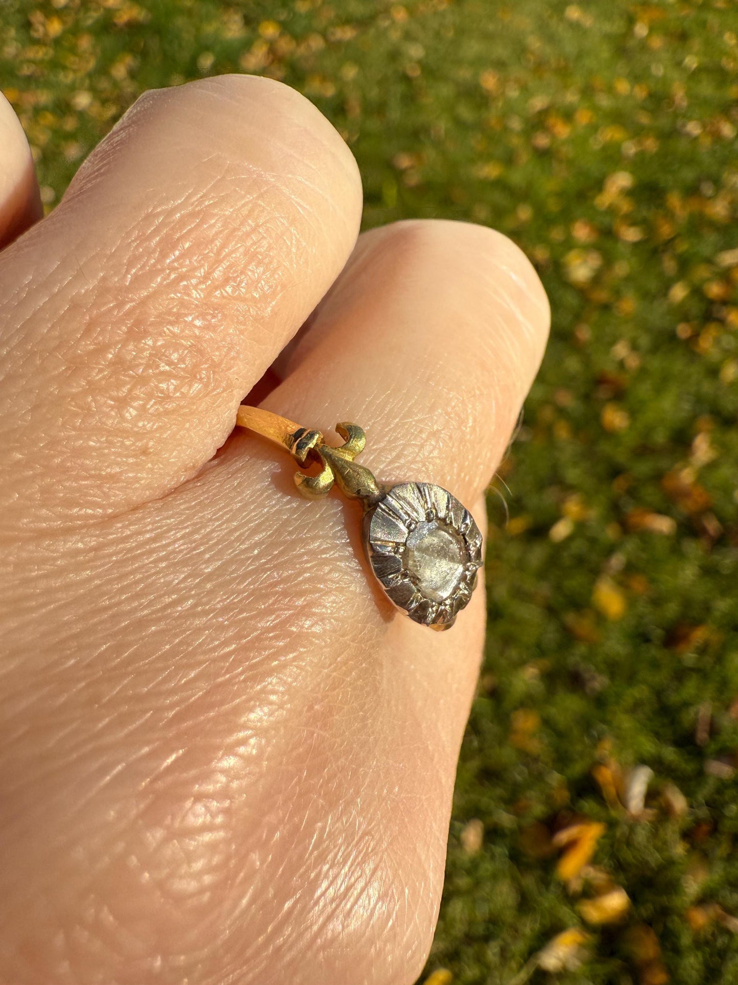 FLEUR De LIS Figural Antique Ring Rose Cut DIAMOND Solitaire Ring 18k Gold Solid East West Silver Collet Oval French Victorian Stacker Band