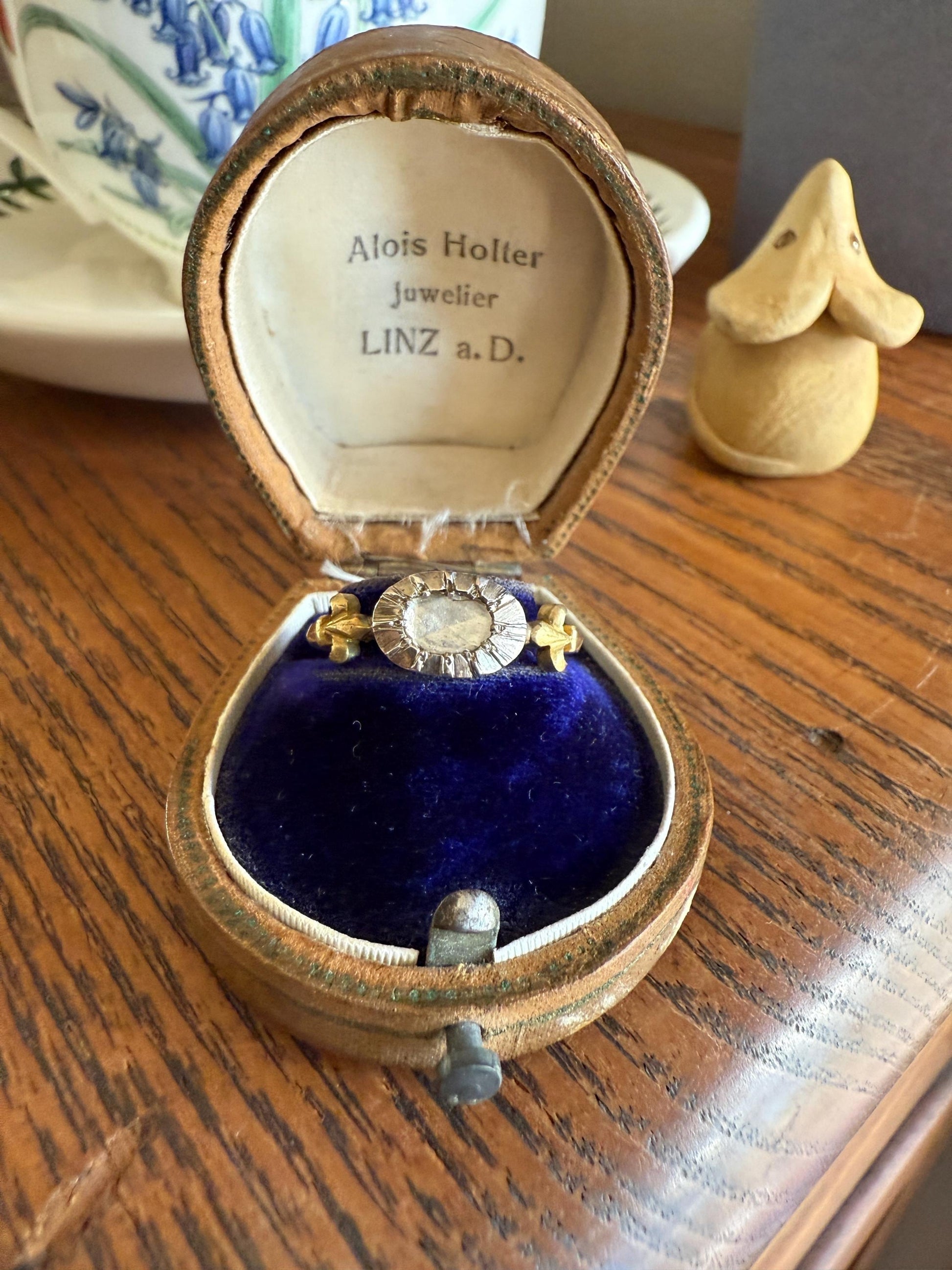 FLEUR De LIS Figural Antique Ring Rose Cut DIAMOND Solitaire Ring 18k Gold Solid East West Silver Collet Oval French Victorian Stacker Band