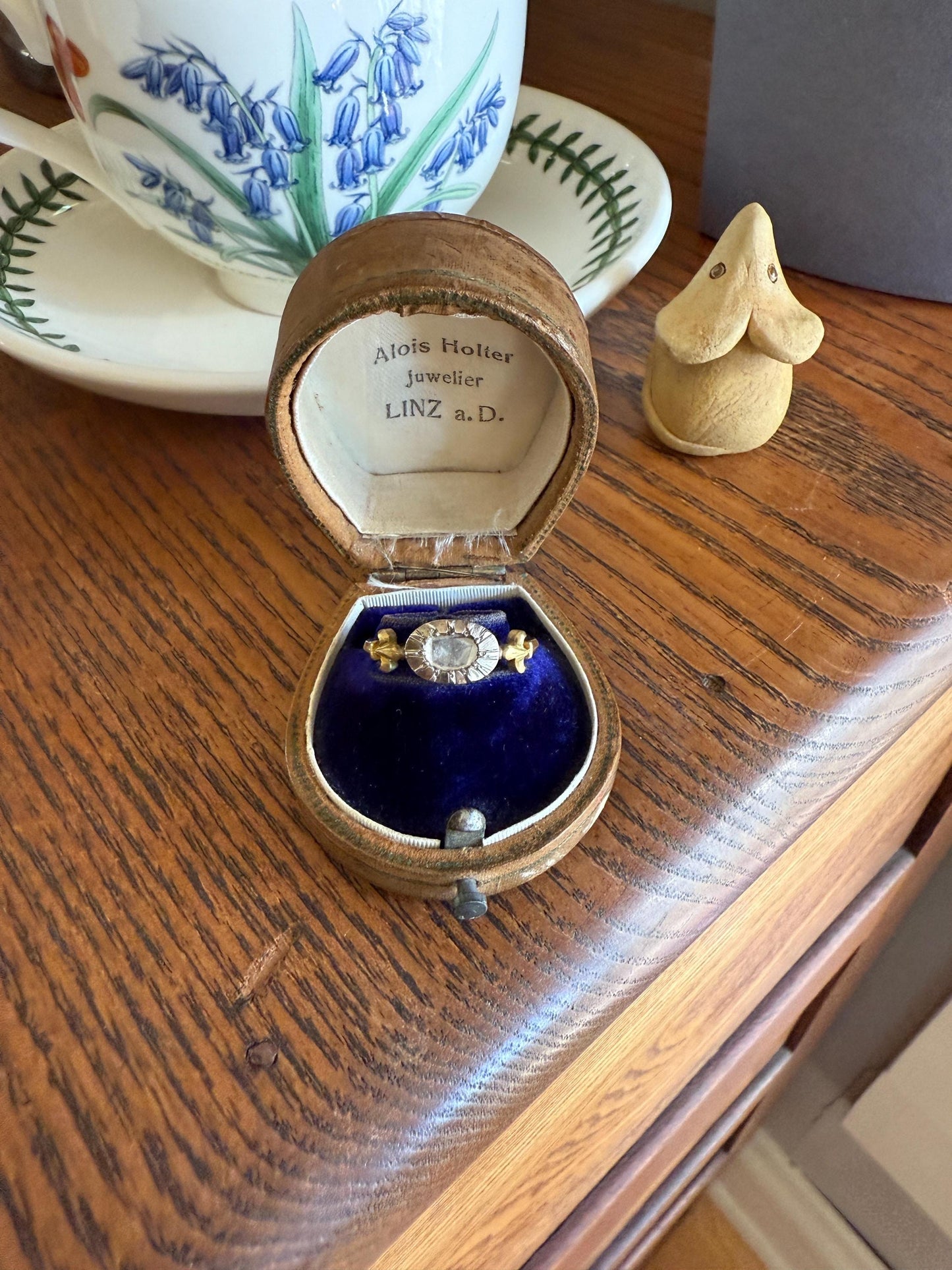 FLEUR De LIS Figural Antique Ring Rose Cut DIAMOND Solitaire Ring 18k Gold Solid East West Silver Collet Oval French Victorian Stacker Band