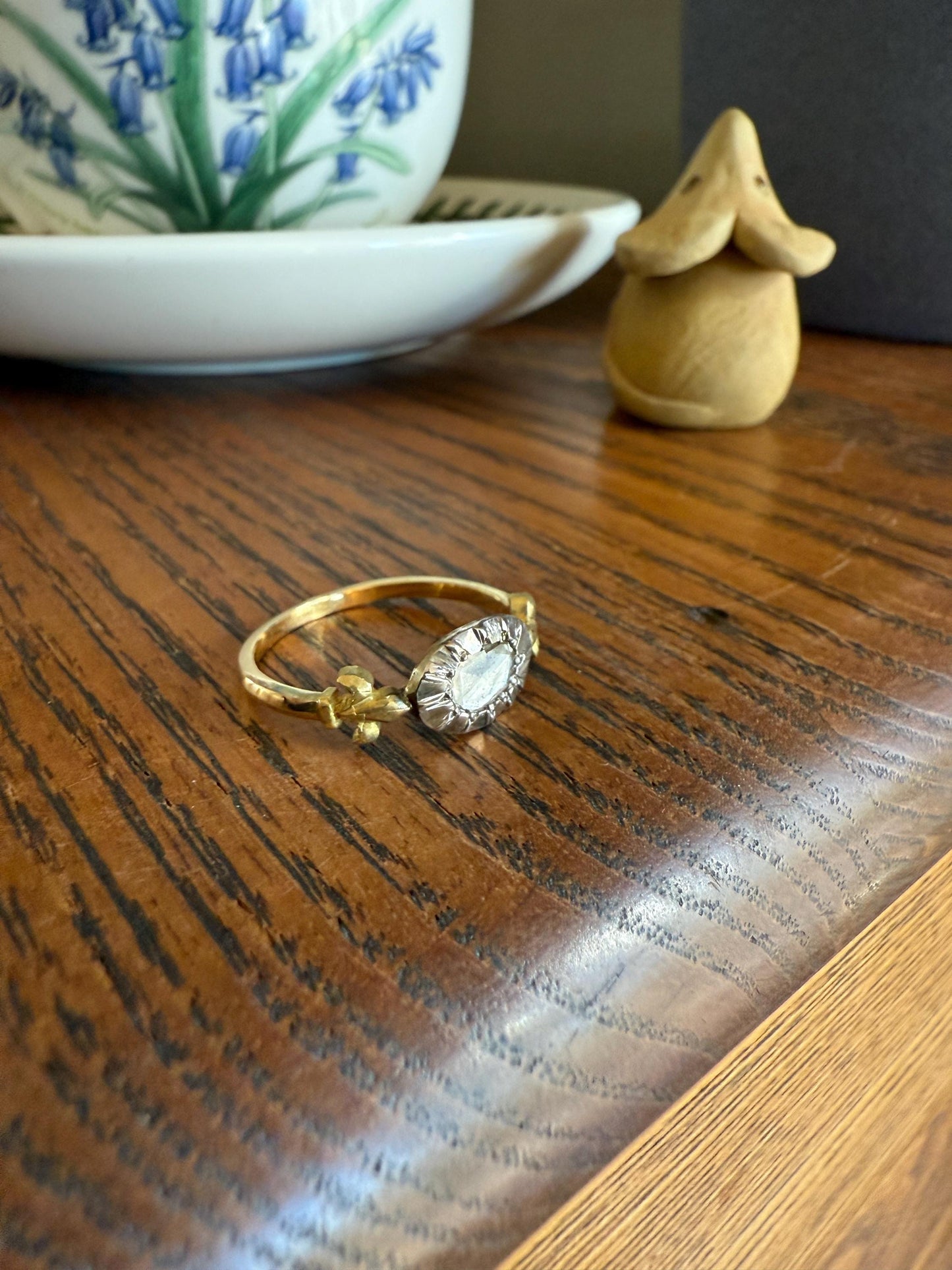 FLEUR De LIS Figural Antique Ring Rose Cut DIAMOND Solitaire Ring 18k Gold Solid East West Silver Collet Oval French Victorian Stacker Band