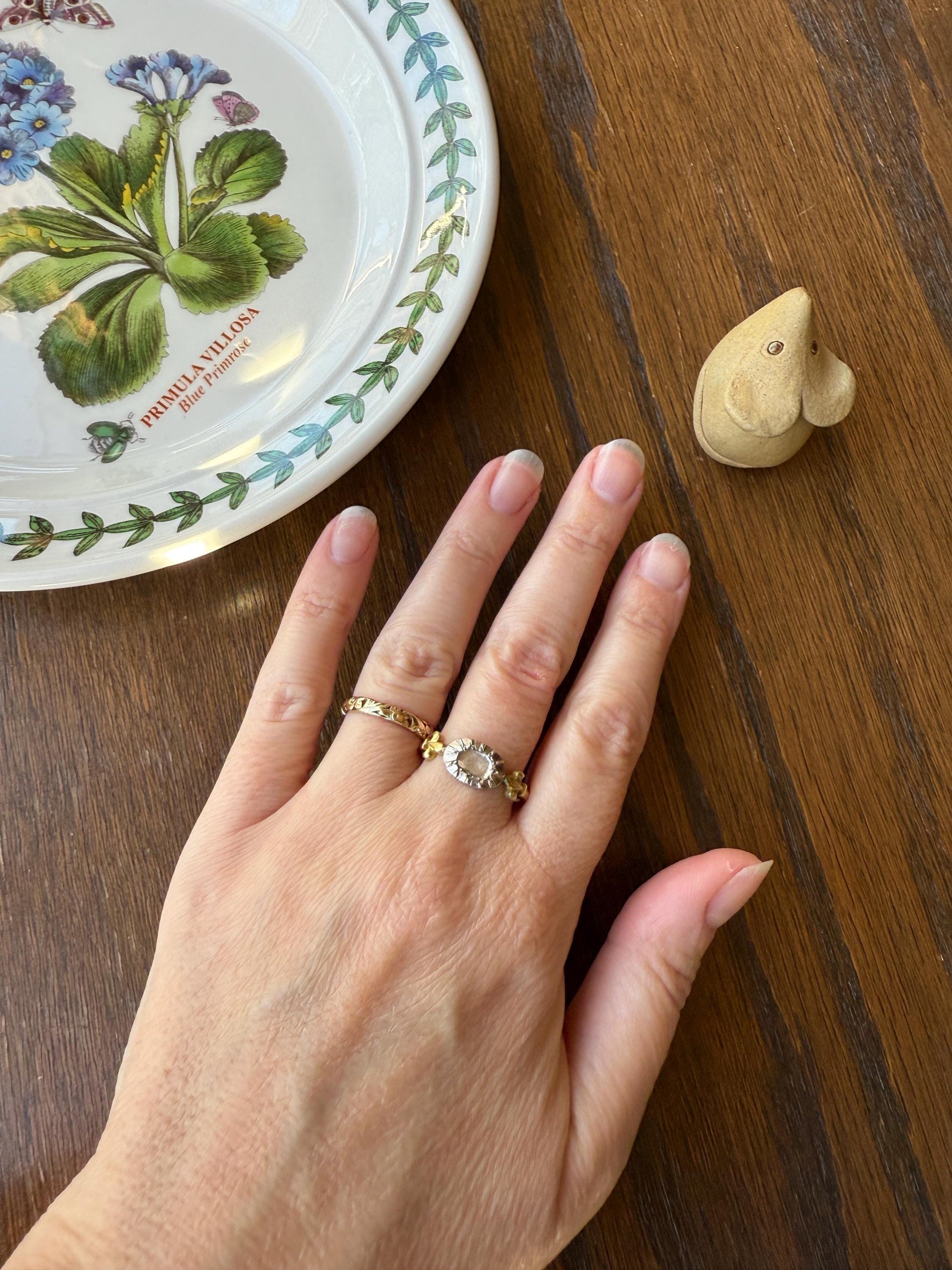 FLEUR De LIS Figural Antique Ring Rose Cut DIAMOND Solitaire Ring 18k Gold Solid East West Silver Collet Oval French Victorian Stacker Band