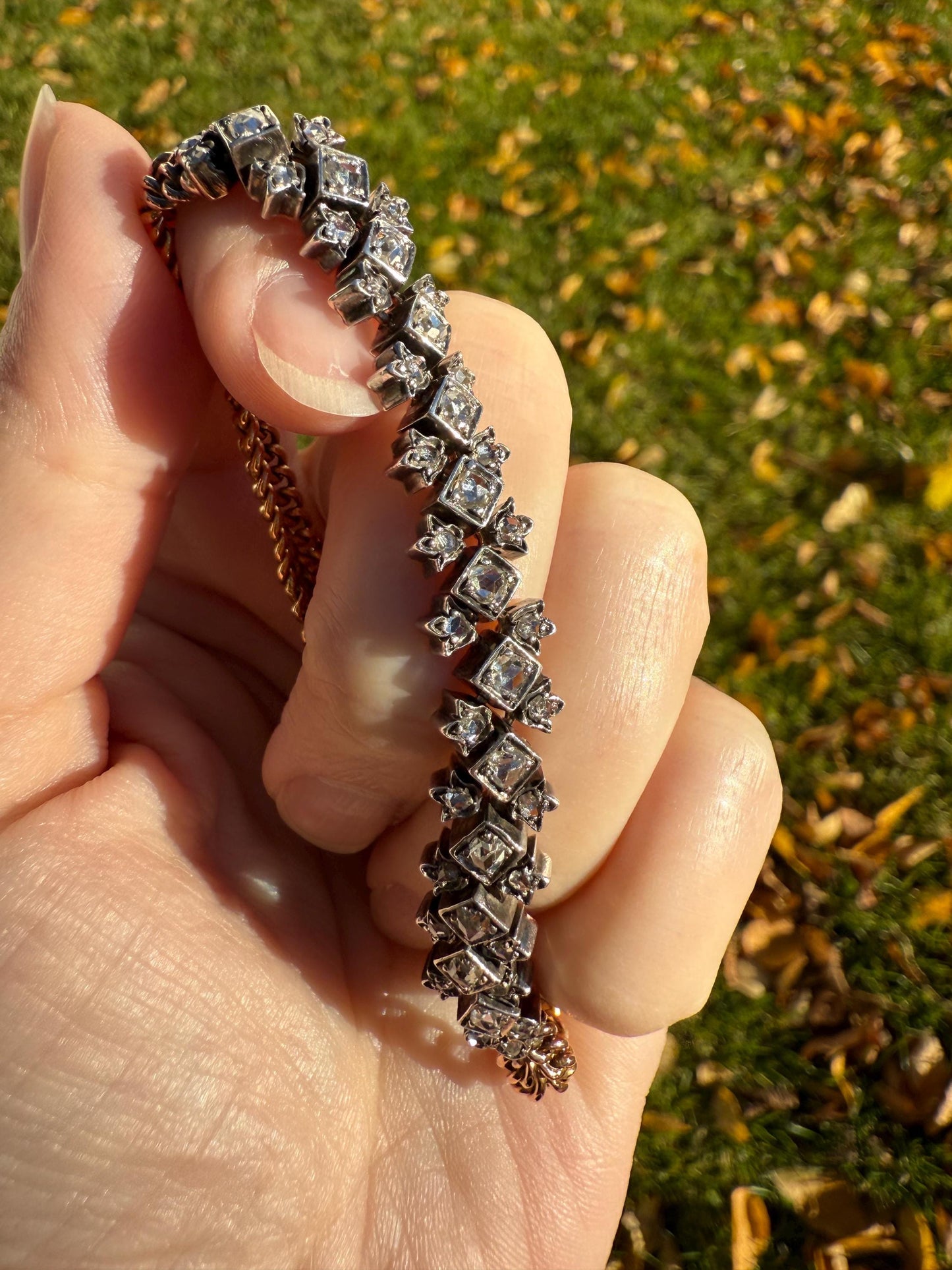 Antique 43 Rose Cut DIAMOND French Victorian Double Cable Chain Bracelet 18k Gold Solid Silver Floral Linear Wriststack Belle Epoque Tennis