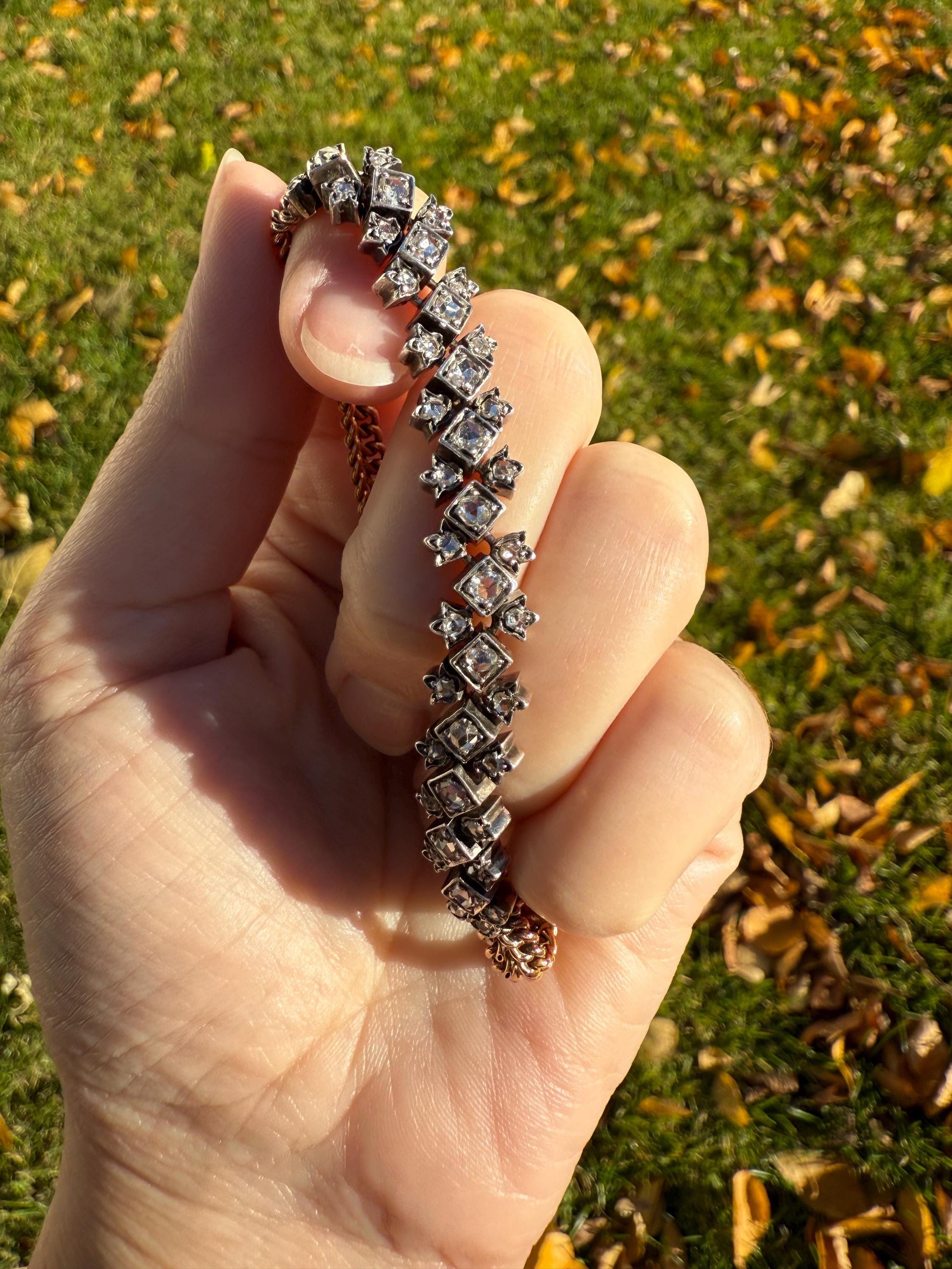 Antique 43 Rose Cut DIAMOND French Victorian Double Cable Chain Bracelet 18k Gold Solid Silver Floral Linear Wriststack Belle Epoque Tennis