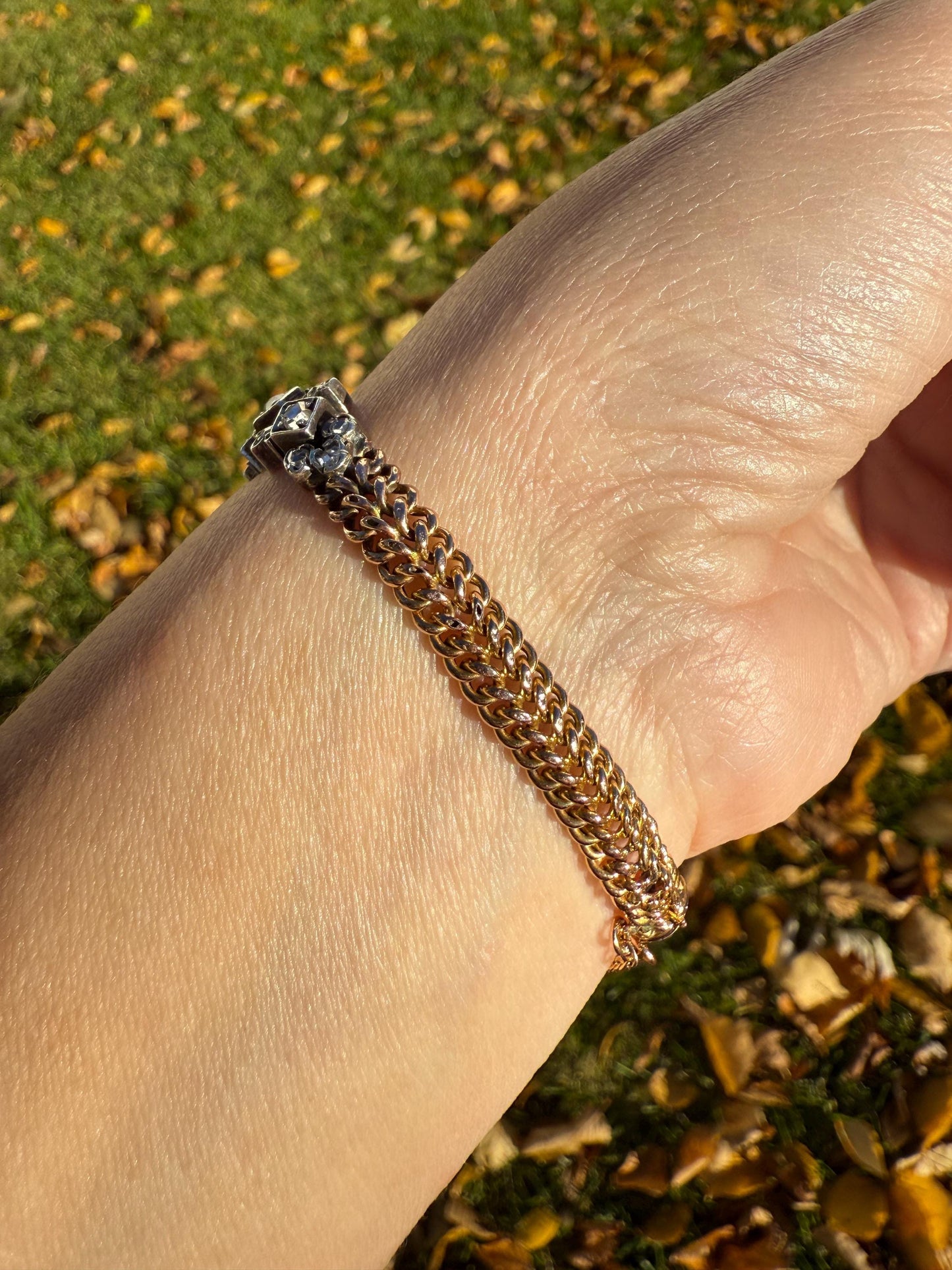 Antique 43 Rose Cut DIAMOND French Victorian Double Cable Chain Bracelet 18k Gold Solid Silver Floral Linear Wriststack Belle Epoque Tennis