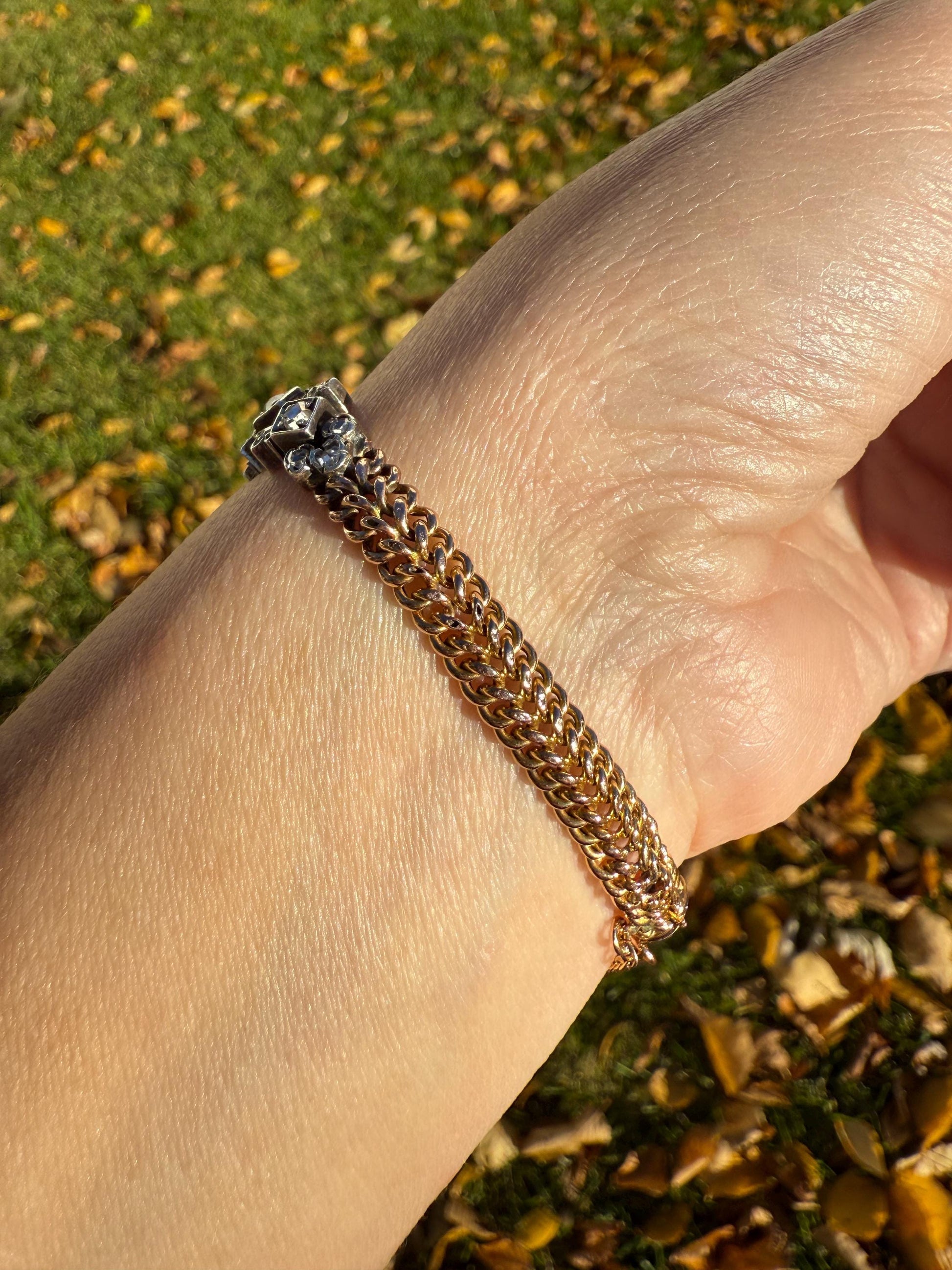 Antique 43 Rose Cut DIAMOND French Victorian Double Cable Chain Bracelet 18k Gold Solid Silver Floral Linear Wriststack Belle Epoque Tennis