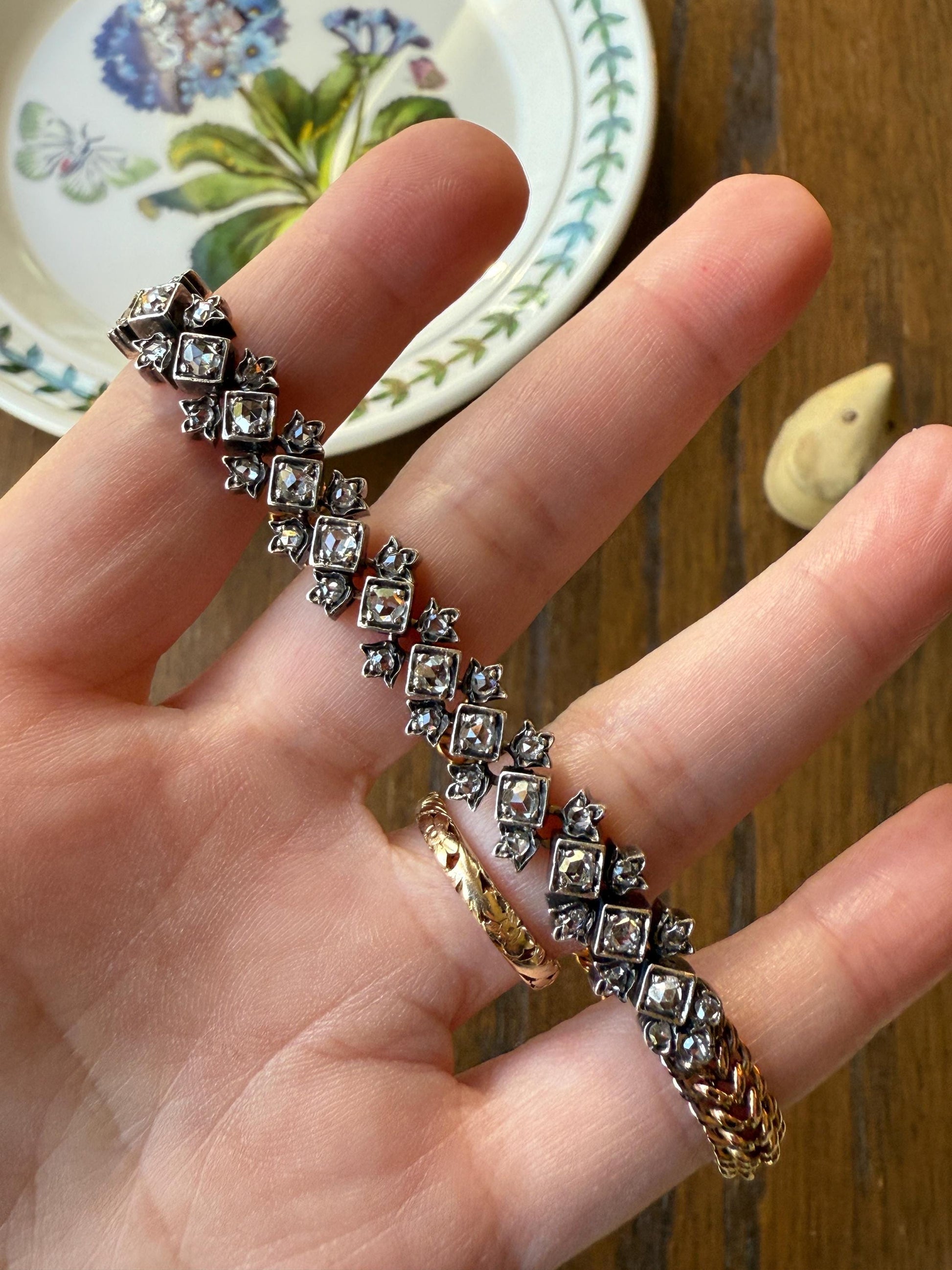 Antique 43 Rose Cut DIAMOND French Victorian Double Cable Chain Bracelet 18k Gold Solid Silver Floral Linear Wriststack Belle Epoque Tennis