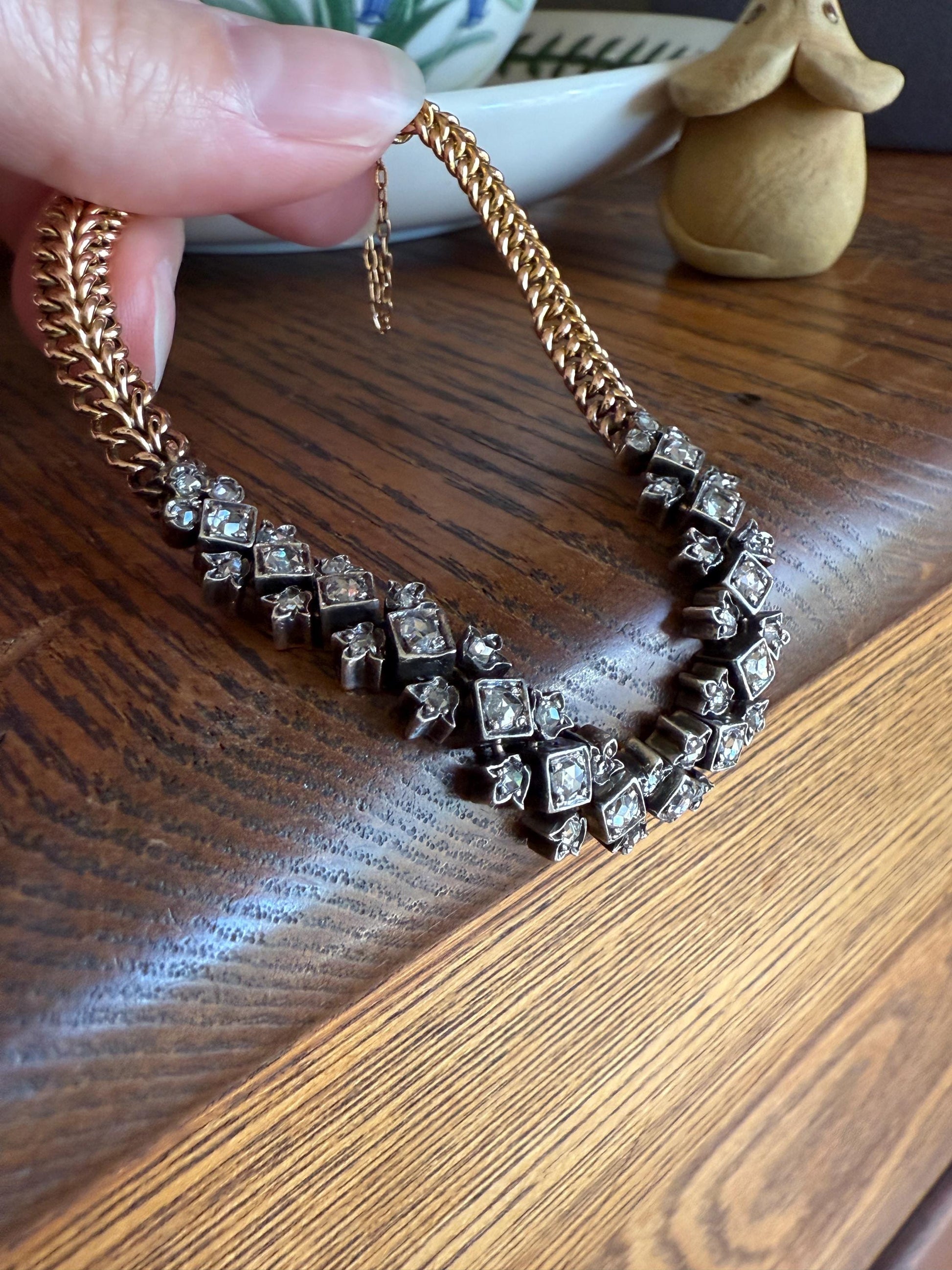 Antique 43 Rose Cut DIAMOND French Victorian Double Cable Chain Bracelet 18k Gold Solid Silver Floral Linear Wriststack Belle Epoque Tennis