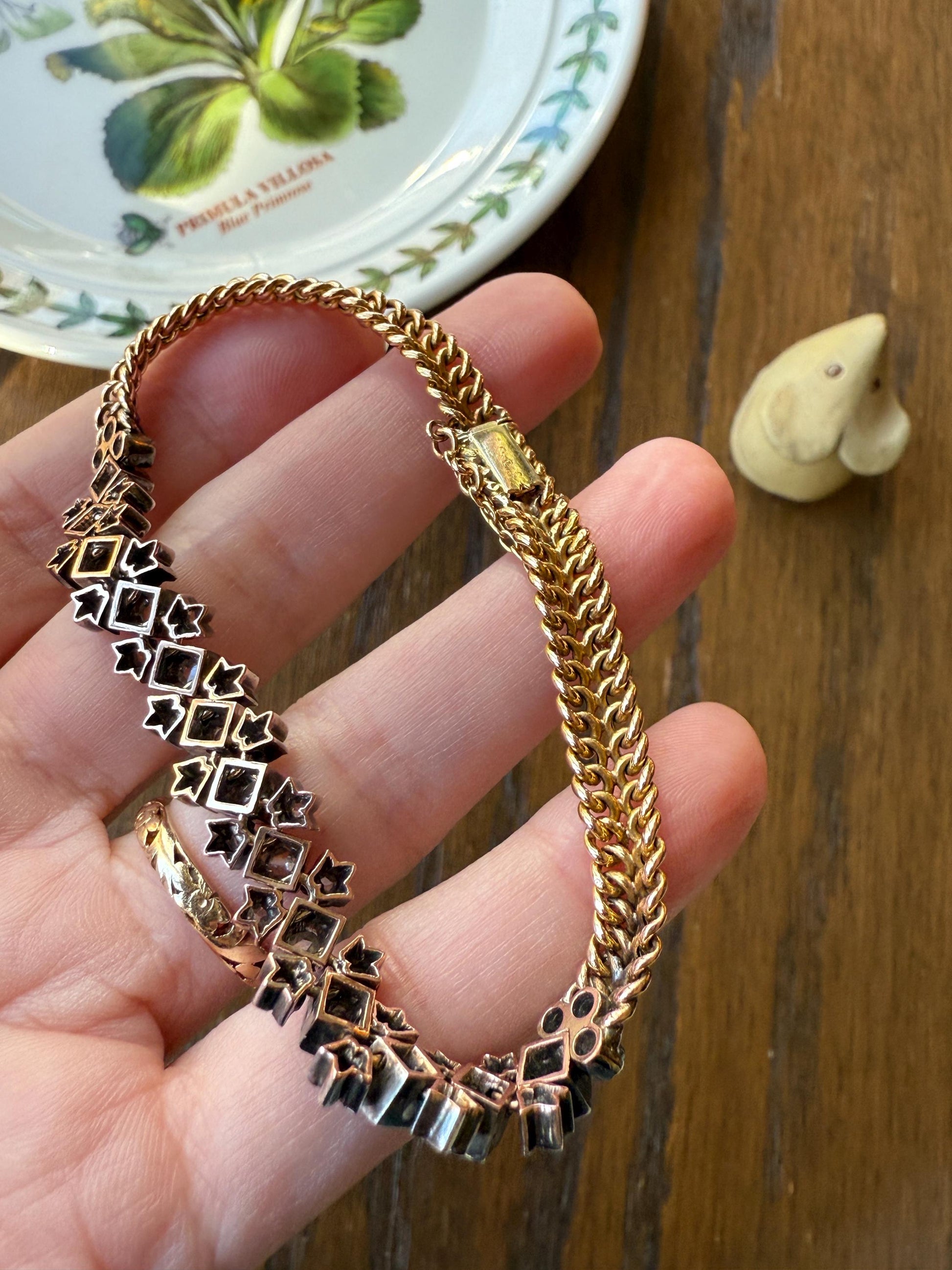 Antique 43 Rose Cut DIAMOND French Victorian Double Cable Chain Bracelet 18k Gold Solid Silver Floral Linear Wriststack Belle Epoque Tennis