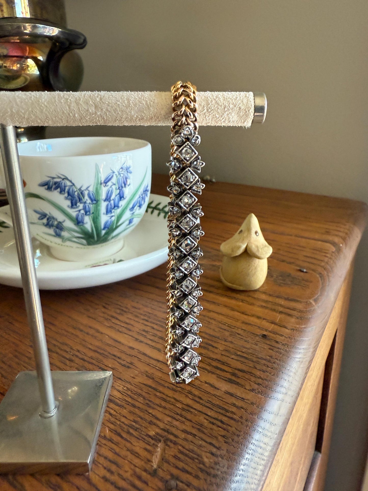 Antique 43 Rose Cut DIAMOND French Victorian Double Cable Chain Bracelet 18k Gold Solid Silver Floral Linear Wriststack Belle Epoque Tennis