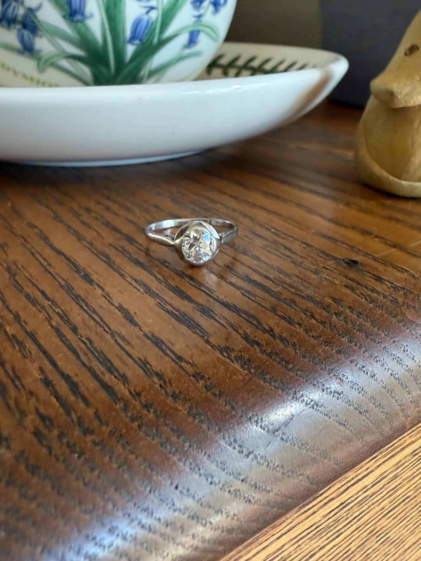 Antique .67 Carat Old Mine Cut DIAMOND Ring Edwardian Era French Platinum Solitaire Engagement Stacker Bezel Halo Setting OMC .67ctw