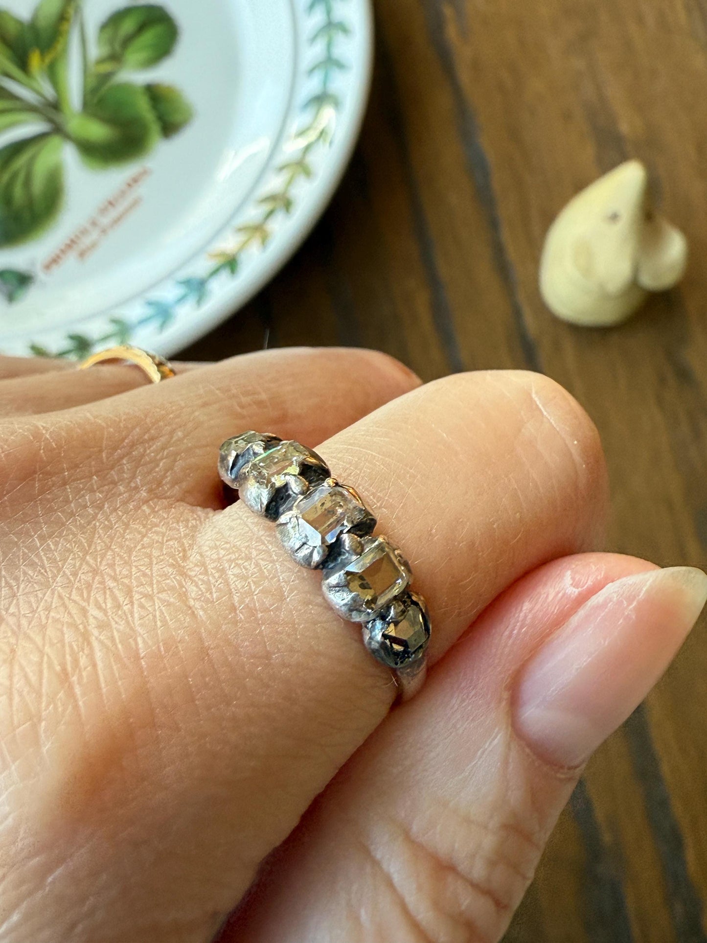 Table Cut DIAMOND Open Back Five Stone Stacker Band Antique 18k Gold Silver Colelt Five Stone Ring Half Hoop Stacker Gift Georgian Victorian