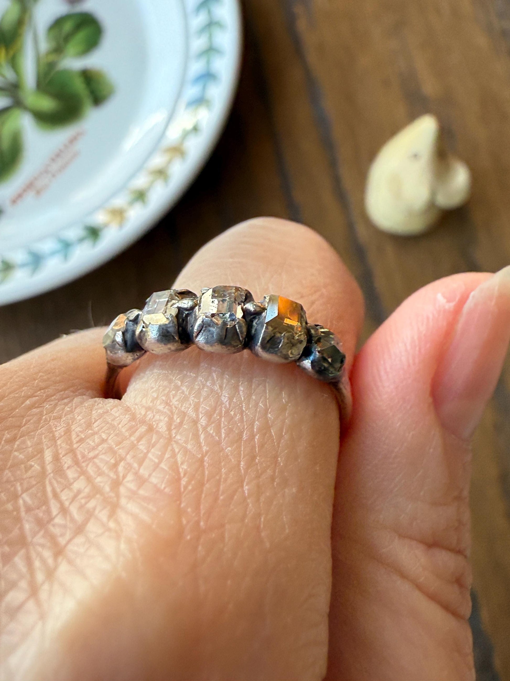 Table Cut DIAMOND Open Back Five Stone Stacker Band Antique 18k Gold Silver Colelt Five Stone Ring Half Hoop Stacker Gift Georgian Victorian