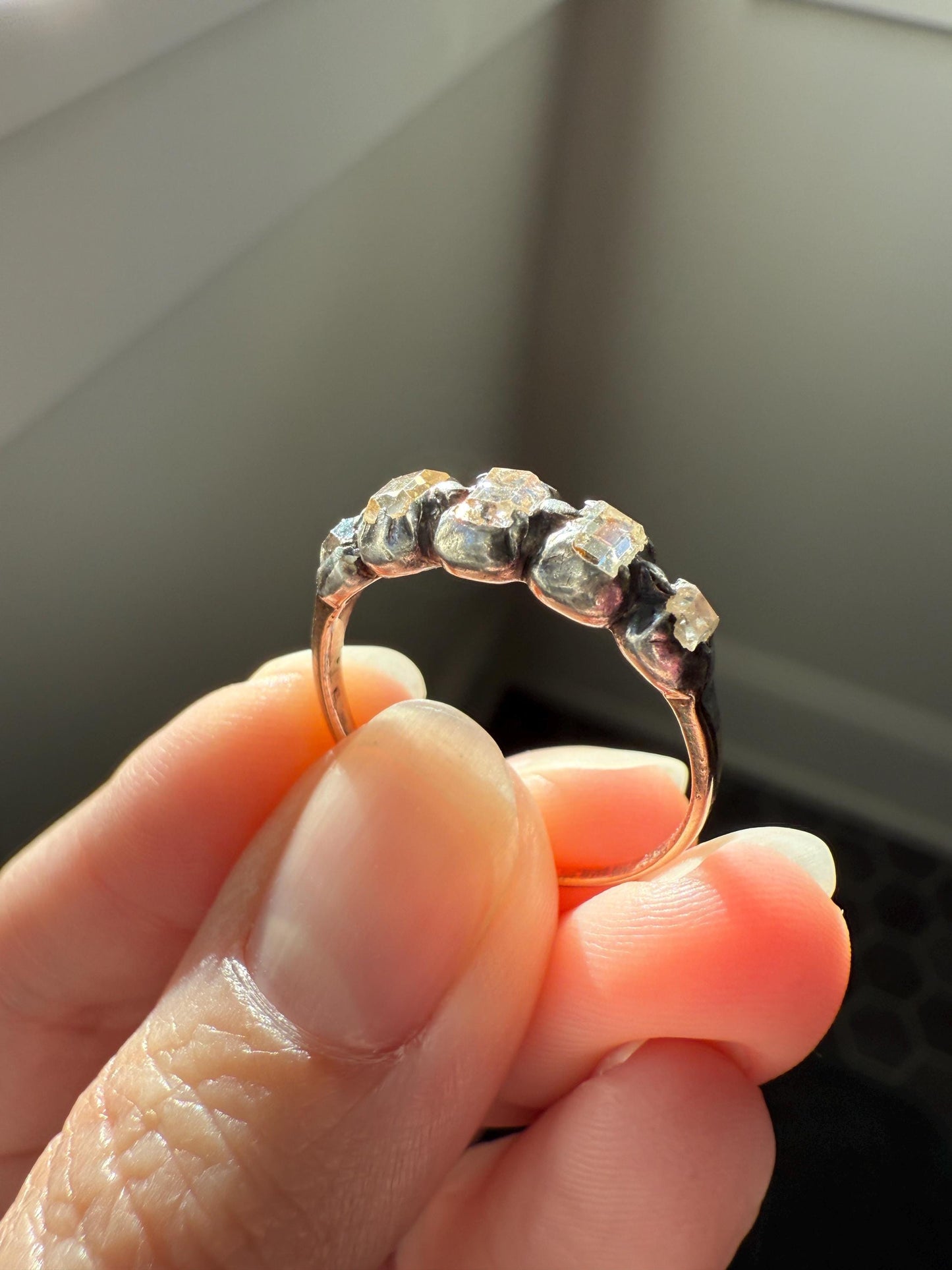 Table Cut DIAMOND Open Back Five Stone Stacker Band Antique 18k Gold Silver Colelt Five Stone Ring Half Hoop Stacker Gift Georgian Victorian