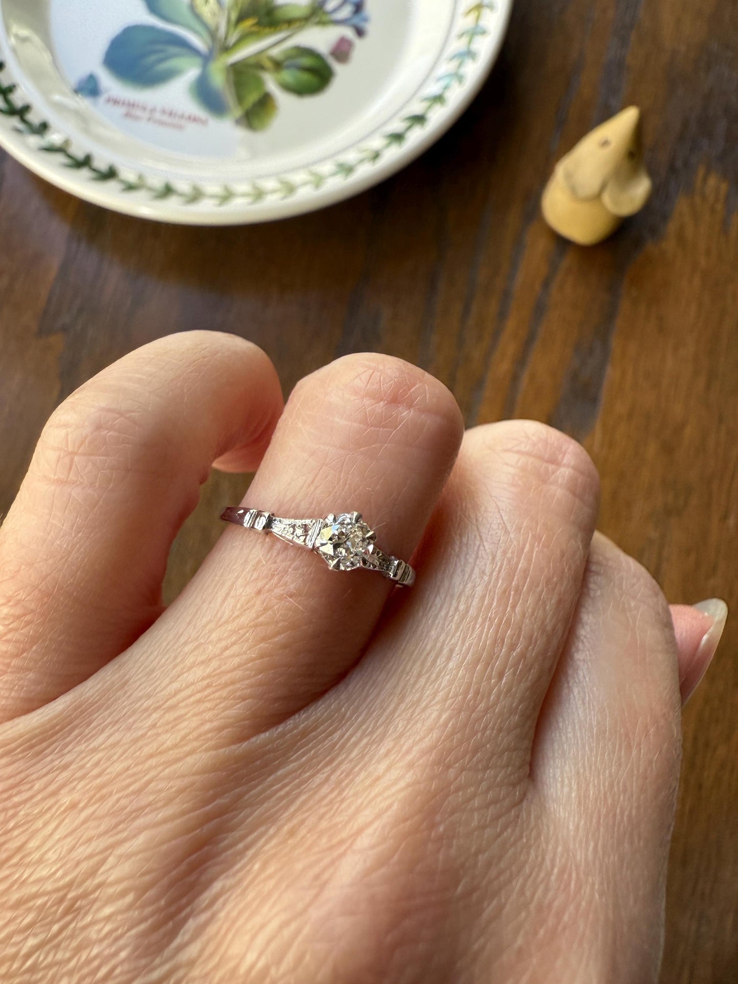 TALL Antique Eye Clean Old European Cut DIAMOND Solitaire Engagement Ring Art Deco 14k White Gold Unique Stacker Romantic Gift Wheat Engrave