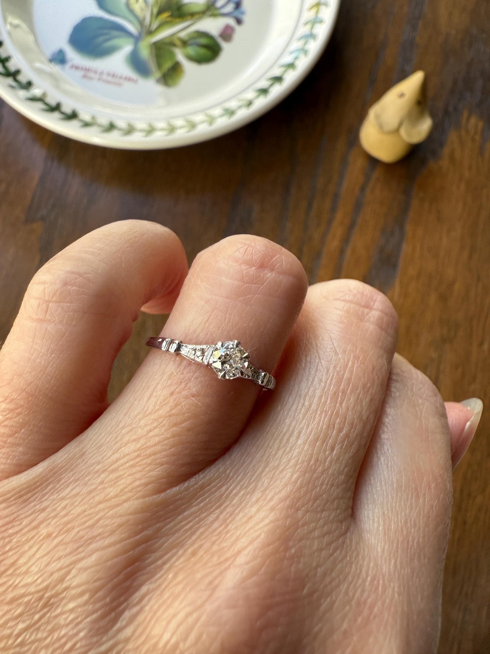 TALL Antique Eye Clean Old European Cut DIAMOND Solitaire Engagement Ring Art Deco 14k White Gold Unique Stacker Romantic Gift Wheat Engrave