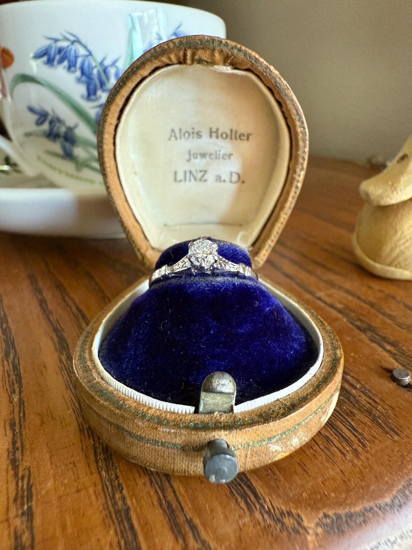 TALL Antique Eye Clean Old European Cut DIAMOND Solitaire Engagement Ring Art Deco 14k White Gold Unique Stacker Romantic Gift Wheat Engrave