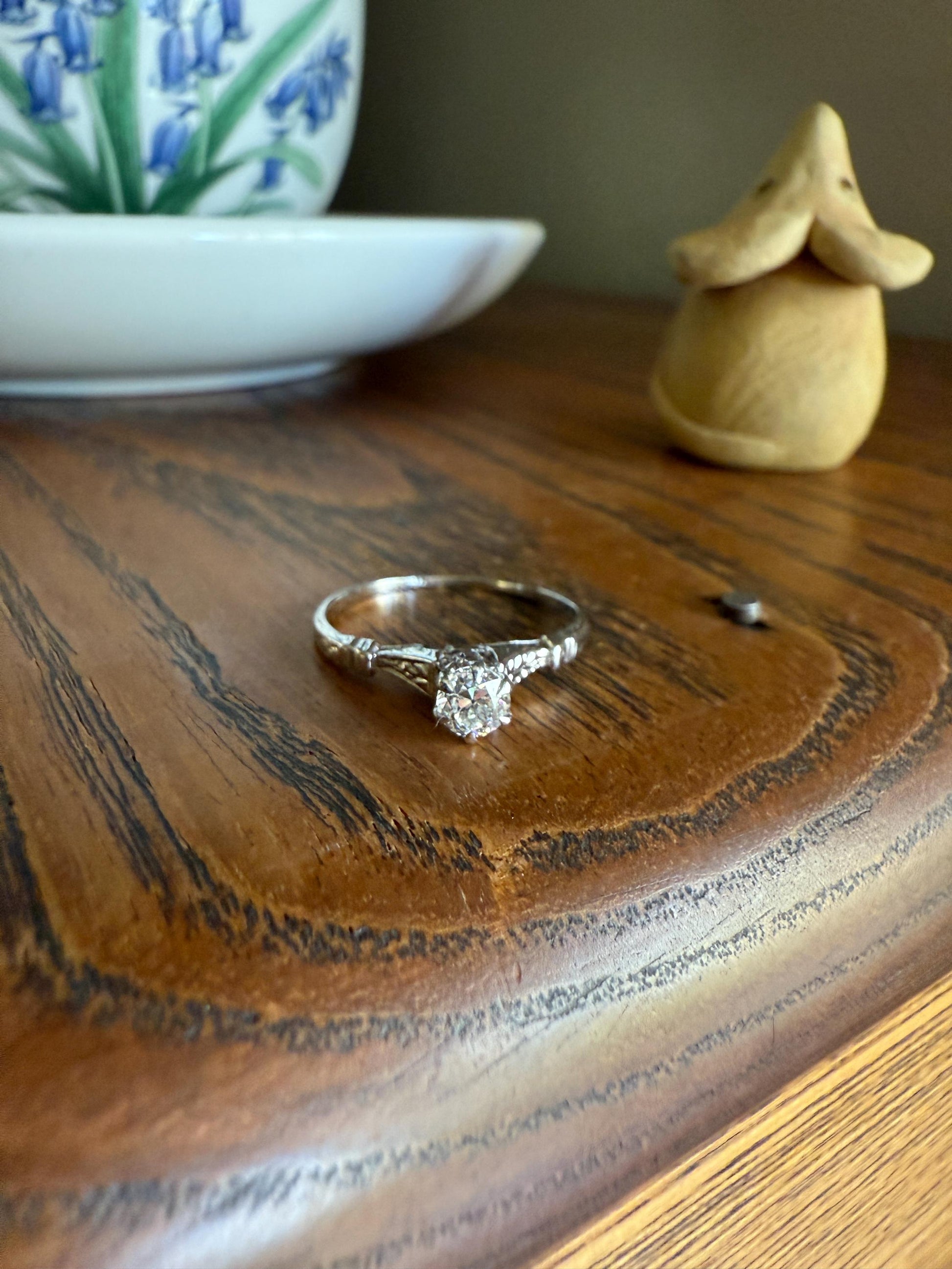 TALL Antique Eye Clean Old European Cut DIAMOND Solitaire Engagement Ring Art Deco 14k White Gold Unique Stacker Romantic Gift Wheat Engrave