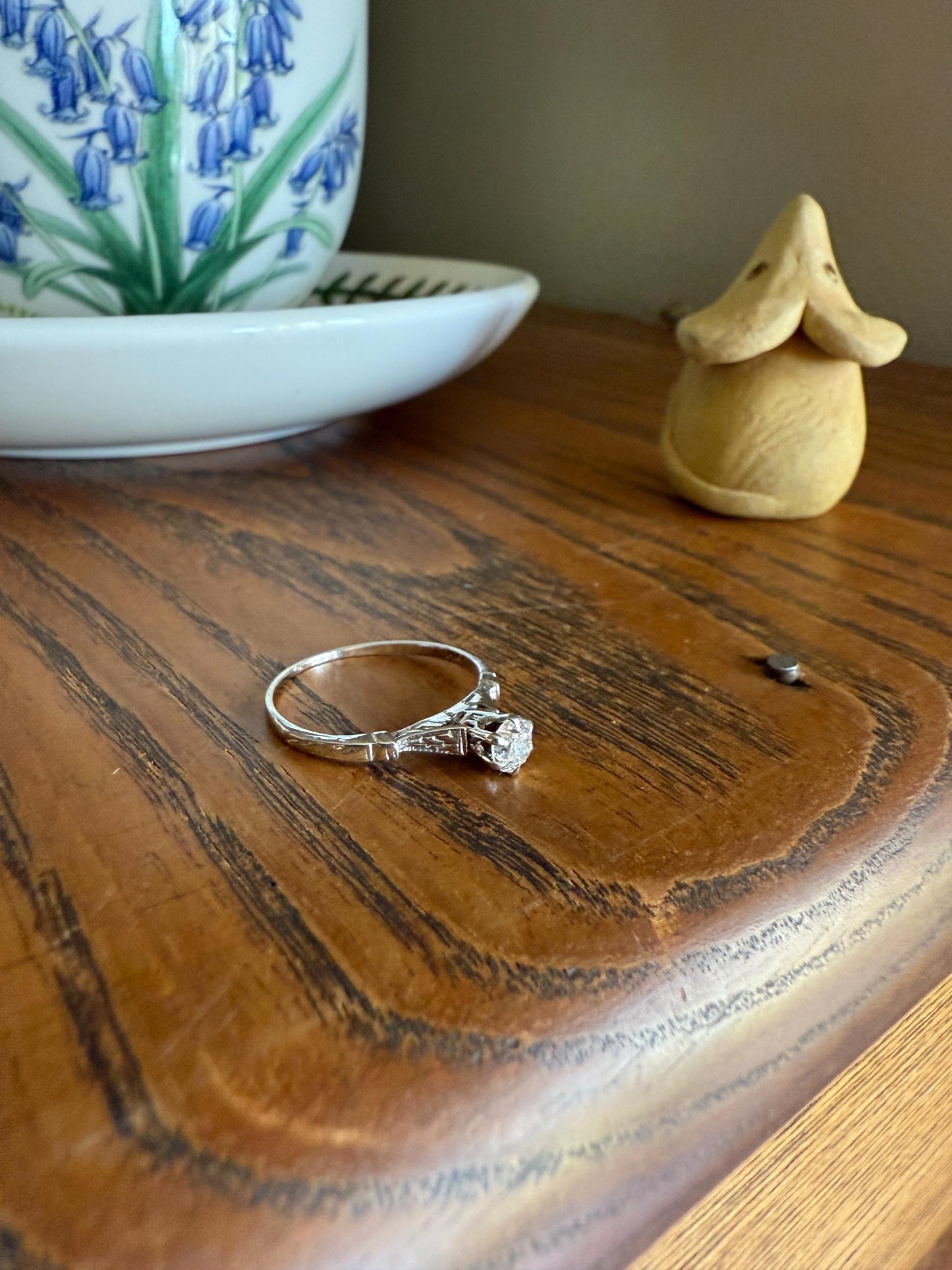 TALL Antique Eye Clean Old European Cut DIAMOND Solitaire Engagement Ring Art Deco 14k White Gold Unique Stacker Romantic Gift Wheat Engrave