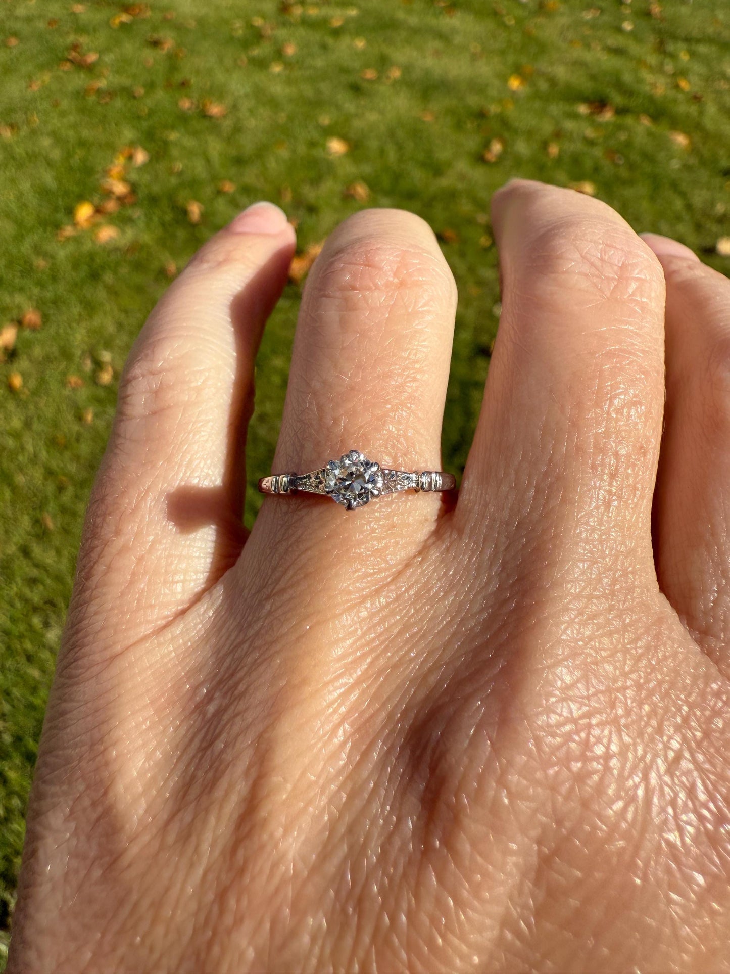 TALL Antique Eye Clean Old European Cut DIAMOND Solitaire Engagement Ring Art Deco 14k White Gold Unique Stacker Romantic Gift Wheat Engrave