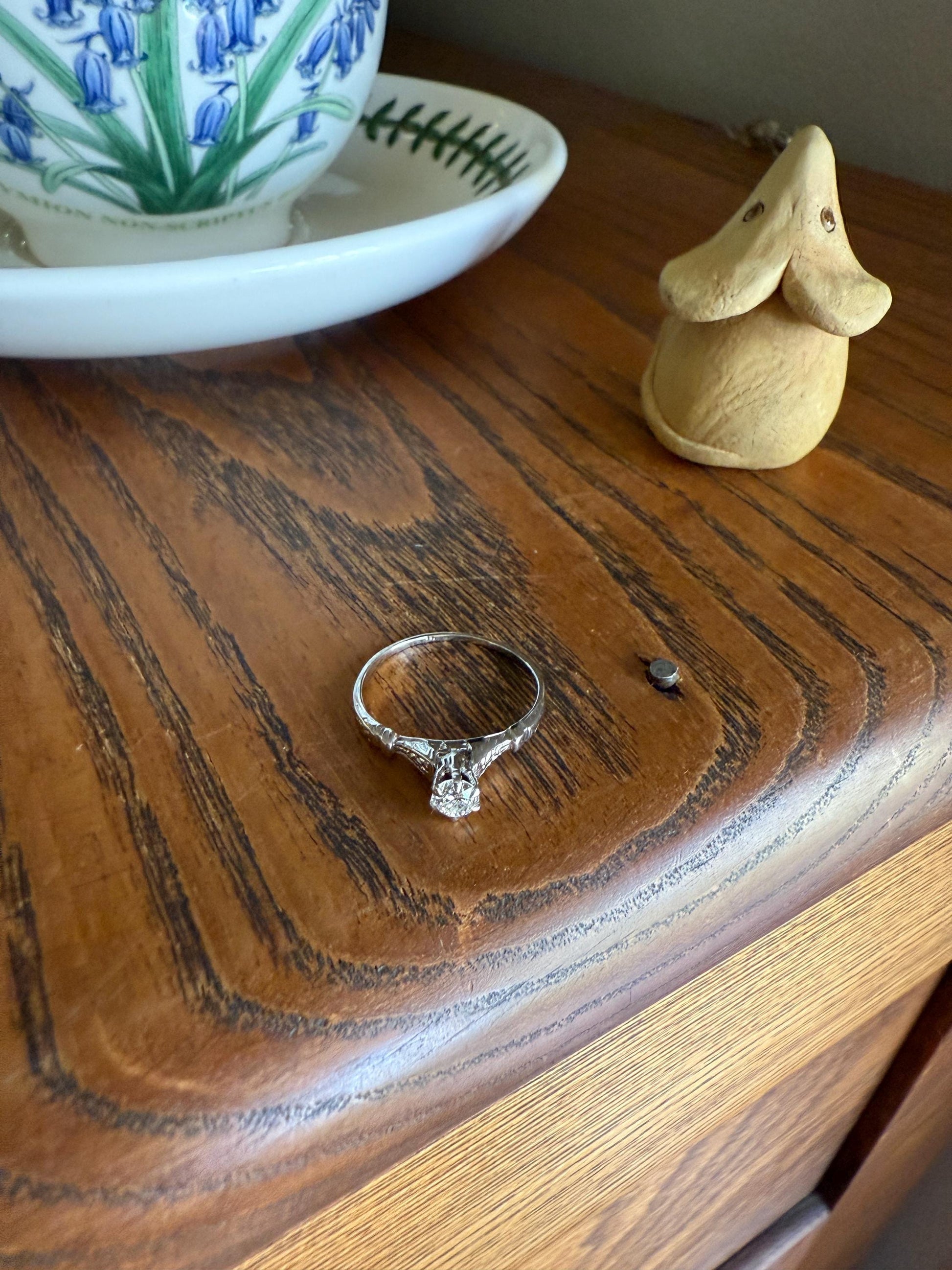 TALL Antique Eye Clean Old European Cut DIAMOND Solitaire Engagement Ring Art Deco 14k White Gold Unique Stacker Romantic Gift Wheat Engrave