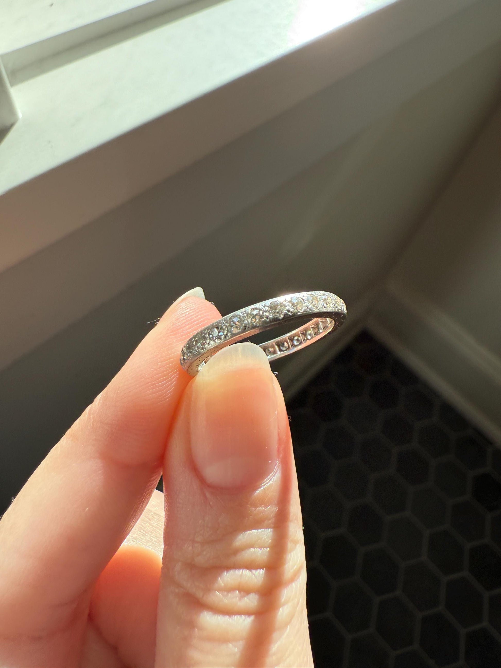 PLATINUM Edwardian Antique 22 Old Mine Single Cut DIAMOND Full Eternity Band Ring Romantic Gift Wedding Stacker .7 Ct OMC Engraved Edge