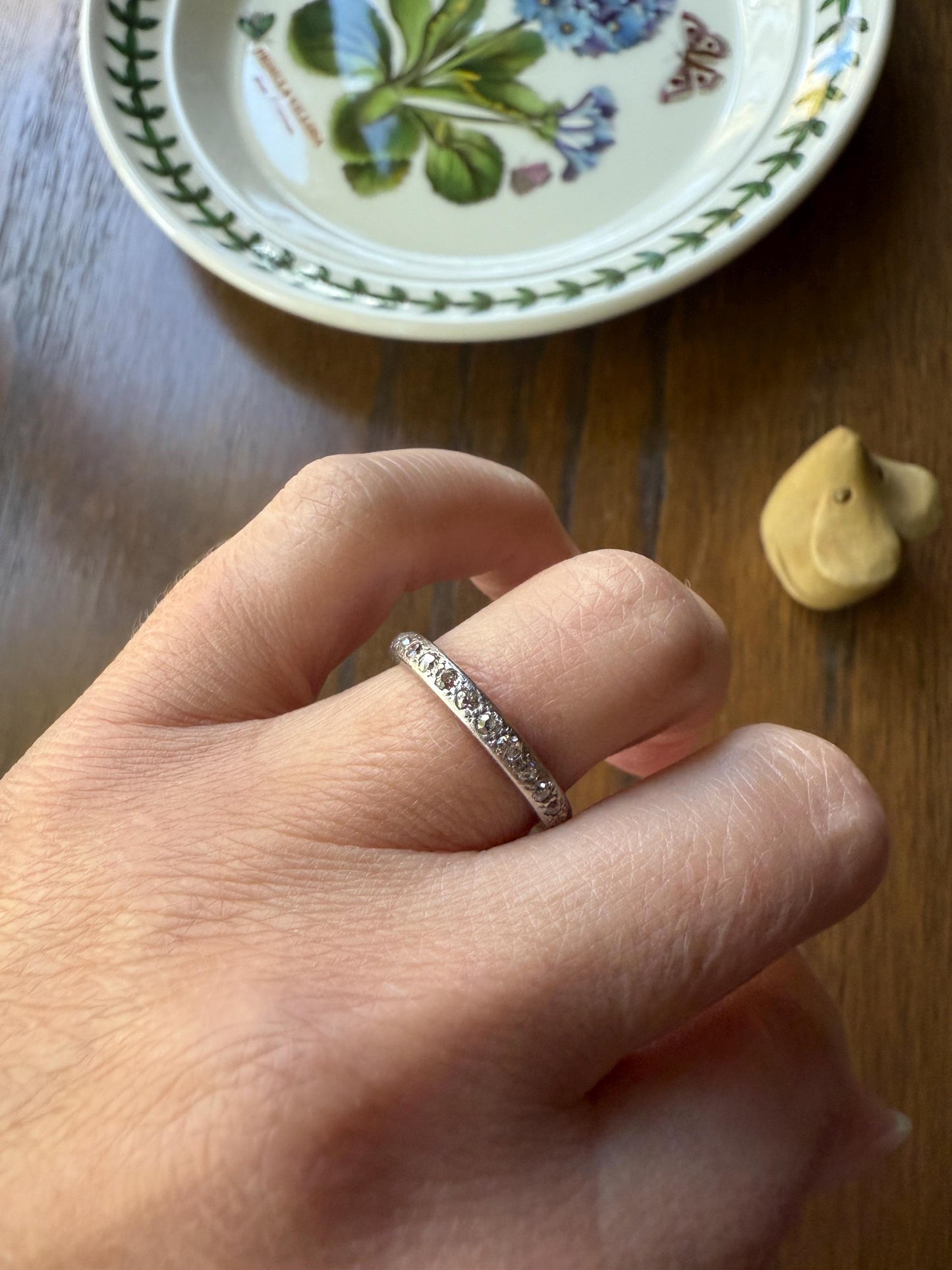 PLATINUM Edwardian Antique 22 Old Mine Single Cut DIAMOND Full Eternity Band Ring Romantic Gift Wedding Stacker .7 Ct OMC Engraved Edge