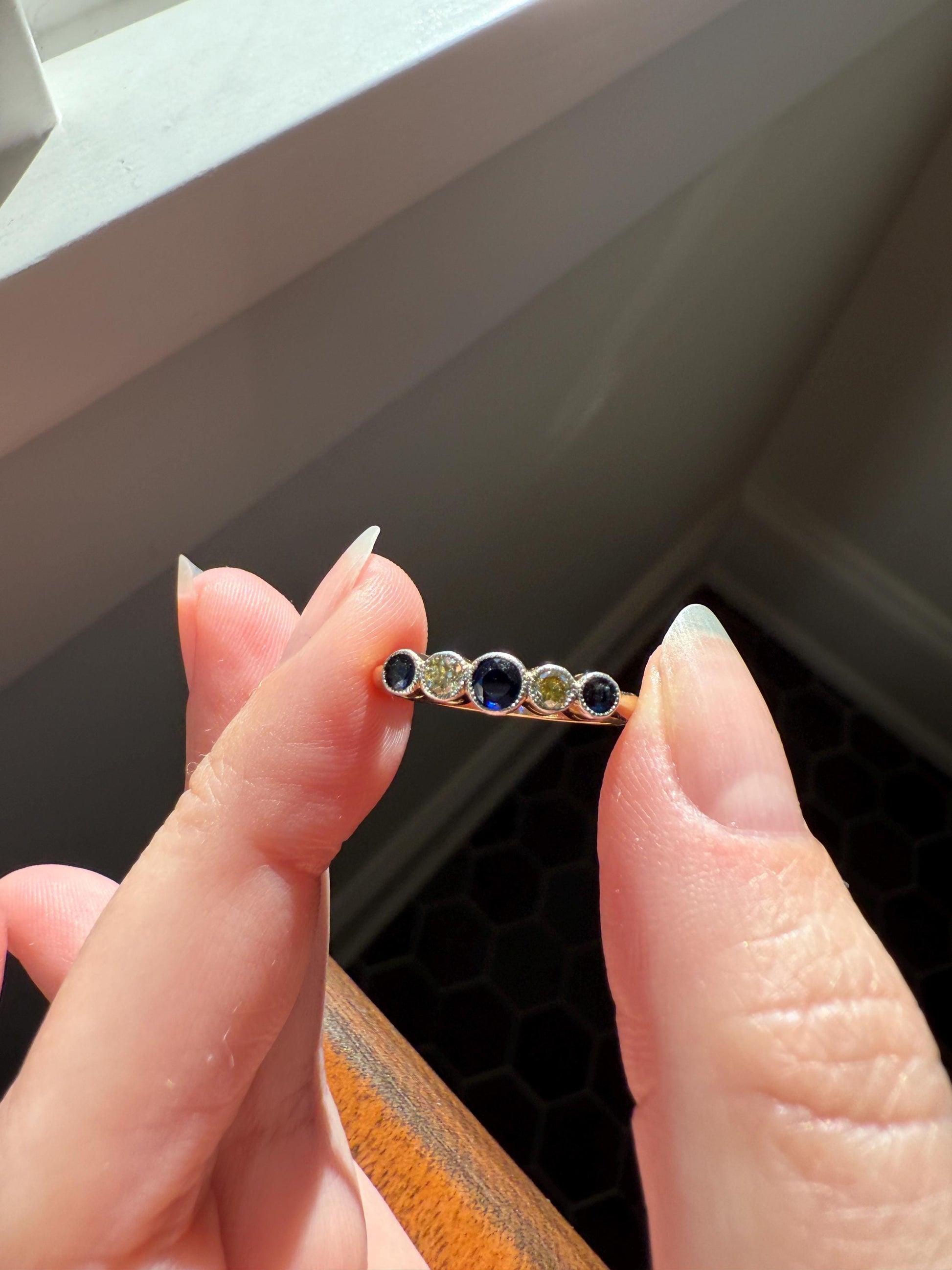 SAPPHIRE & YELLOW Old European Cut DIAMOND Five Stone Band 18k Gold Platinum Edwardian Antique Bezel Ring Romantic Gift Blue Wedding Stacker