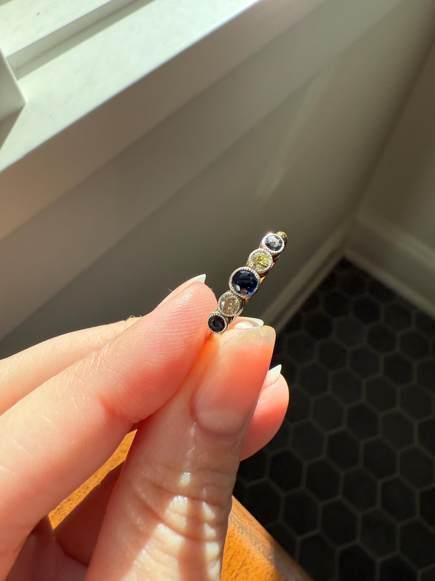 SAPPHIRE & YELLOW Old European Cut DIAMOND Five Stone Band 18k Gold Platinum Edwardian Antique Bezel Ring Romantic Gift Blue Wedding Stacker