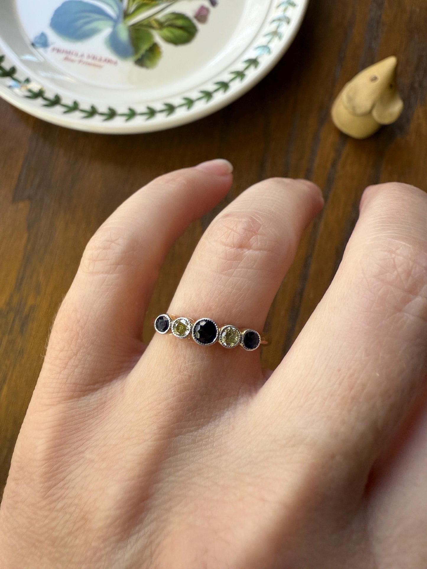 SAPPHIRE & YELLOW Old European Cut DIAMOND Five Stone Band 18k Gold Platinum Edwardian Antique Bezel Ring Romantic Gift Blue Wedding Stacker