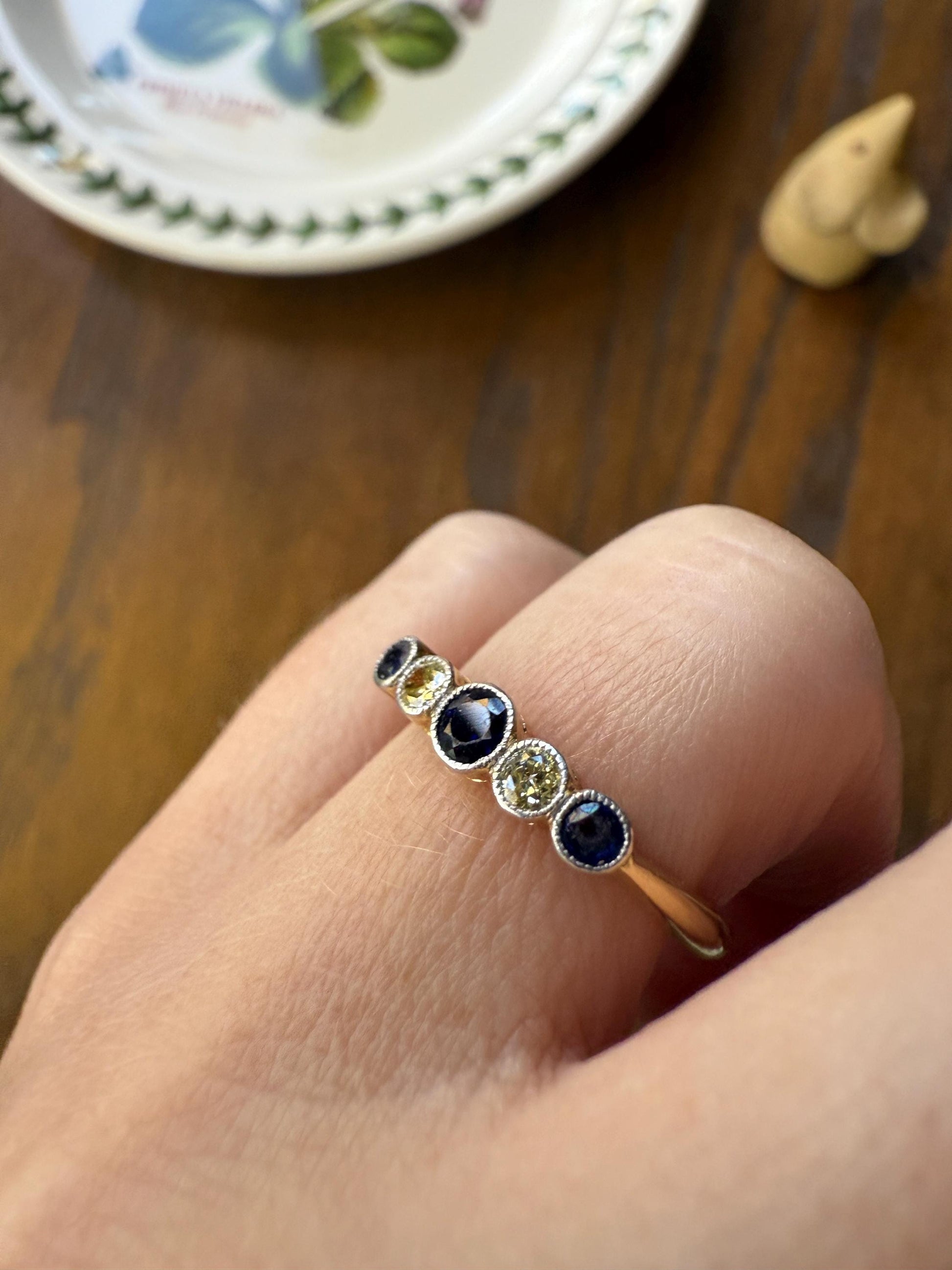 SAPPHIRE & YELLOW Old European Cut DIAMOND Five Stone Band 18k Gold Platinum Edwardian Antique Bezel Ring Romantic Gift Blue Wedding Stacker