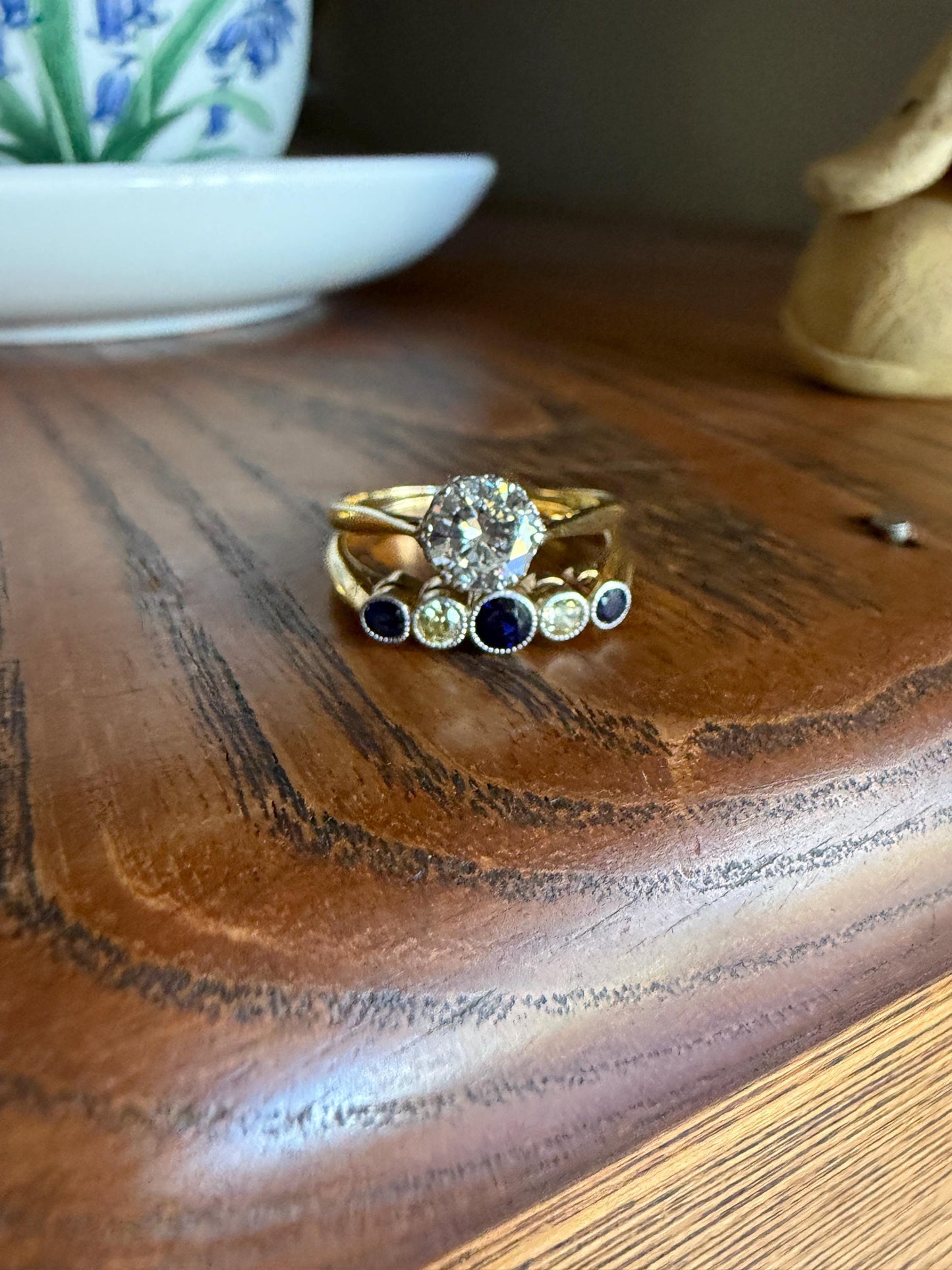 SAPPHIRE & YELLOW Old European Cut DIAMOND Five Stone Band 18k Gold Platinum Edwardian Antique Bezel Ring Romantic Gift Blue Wedding Stacker