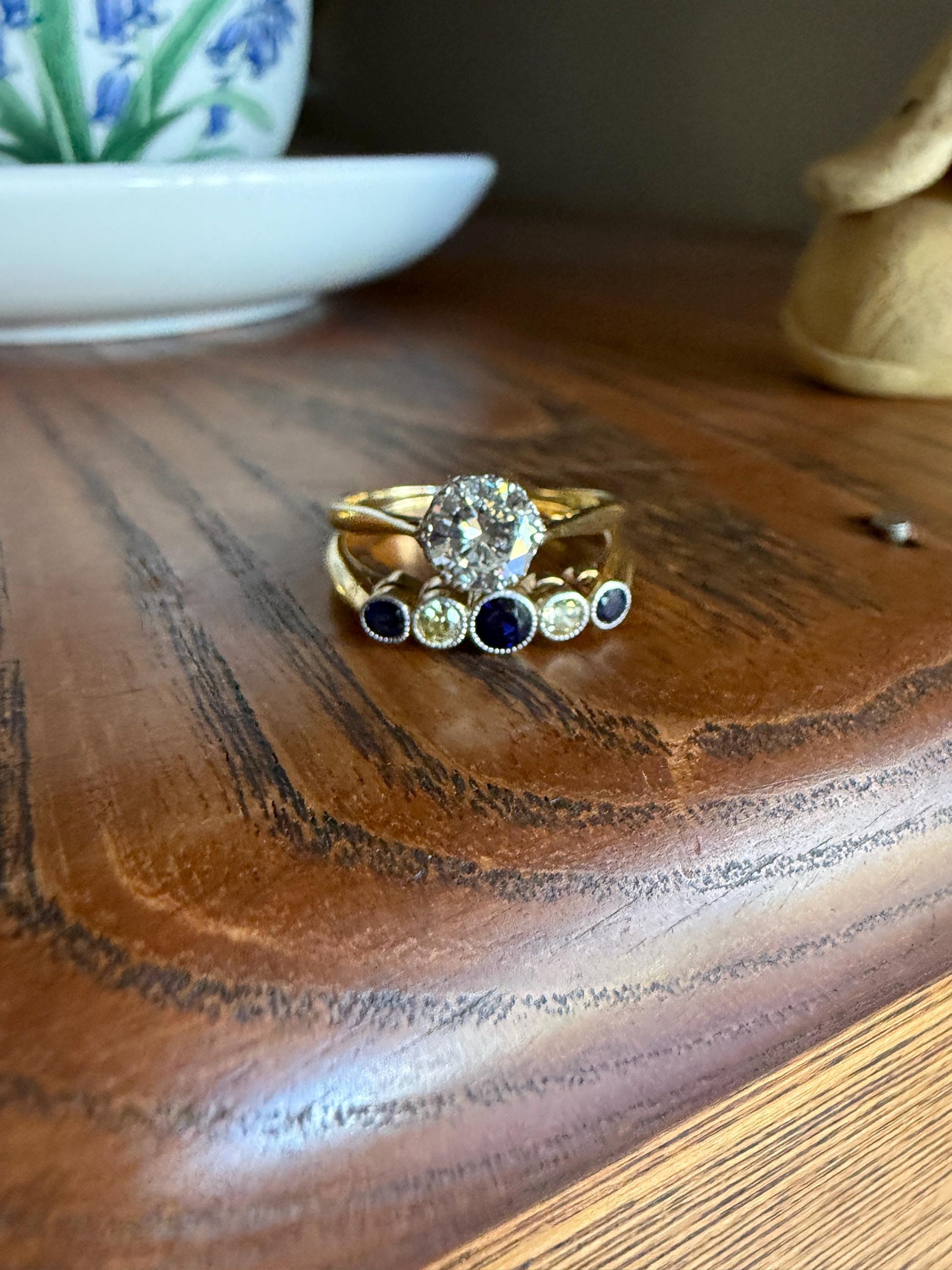 SAPPHIRE & YELLOW Old European Cut DIAMOND Five Stone Band 18k Gold Platinum Edwardian Antique Bezel Ring Romantic Gift Blue Wedding Stacker
