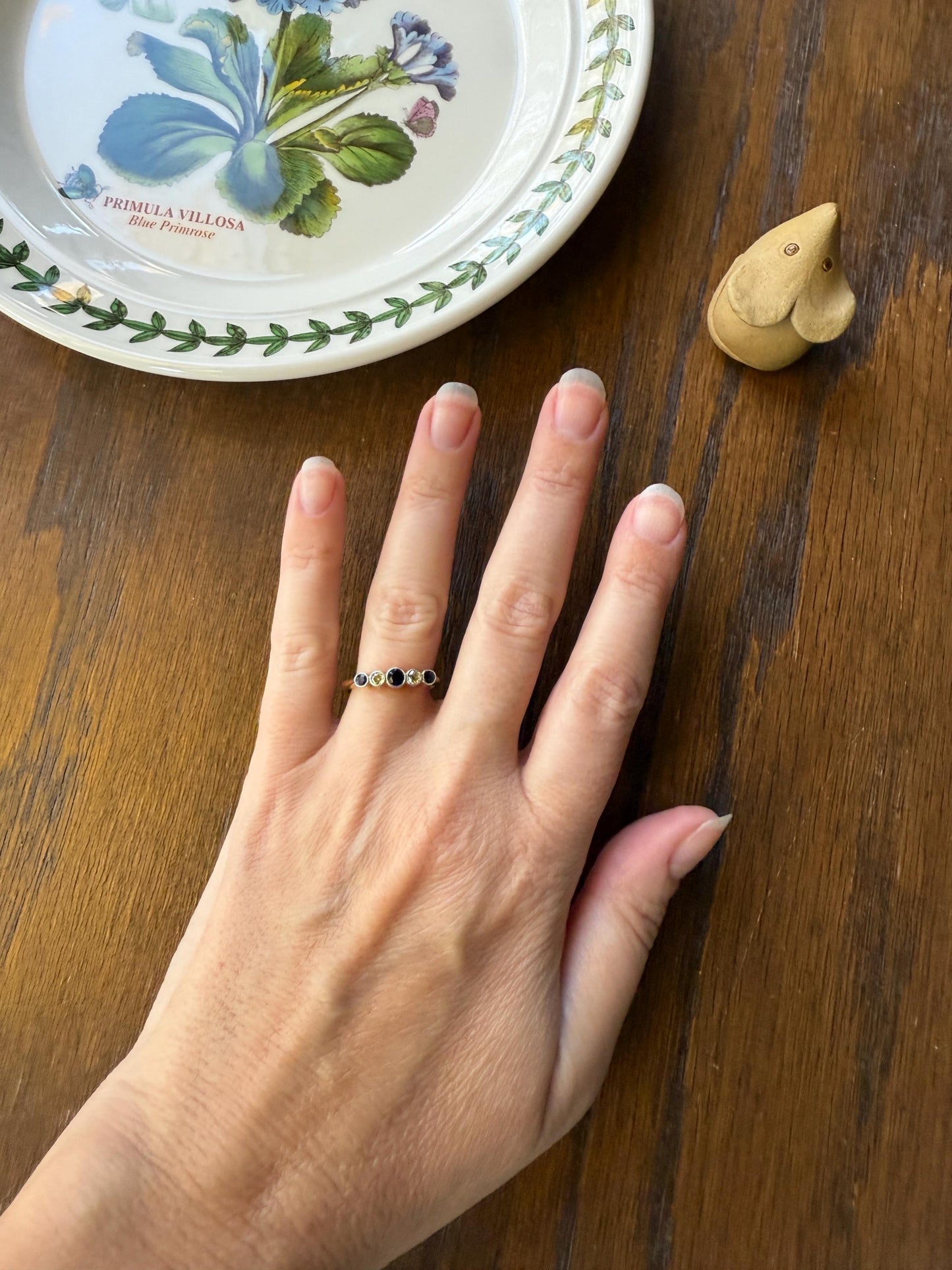 SAPPHIRE & YELLOW Old European Cut DIAMOND Five Stone Band 18k Gold Platinum Edwardian Antique Bezel Ring Romantic Gift Blue Wedding Stacker