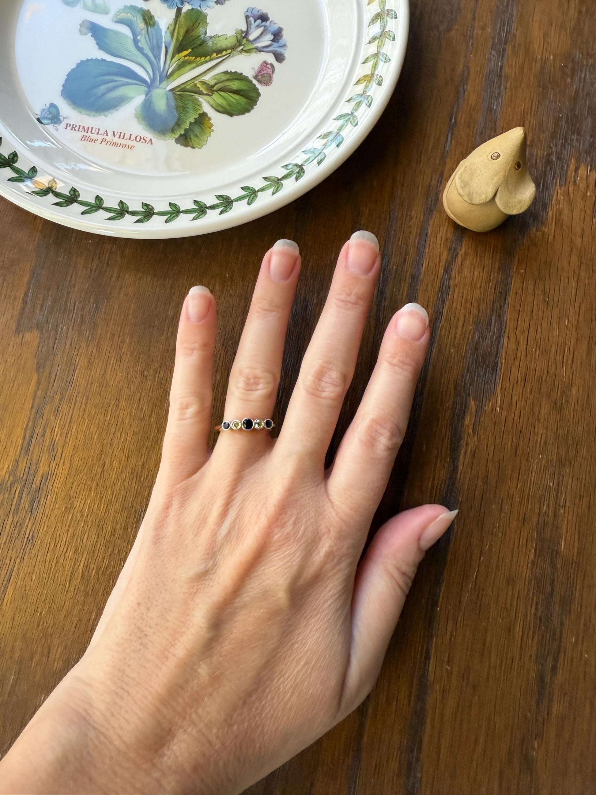 SAPPHIRE & YELLOW Old European Cut DIAMOND Five Stone Band 18k Gold Platinum Edwardian Antique Bezel Ring Romantic Gift Blue Wedding Stacker