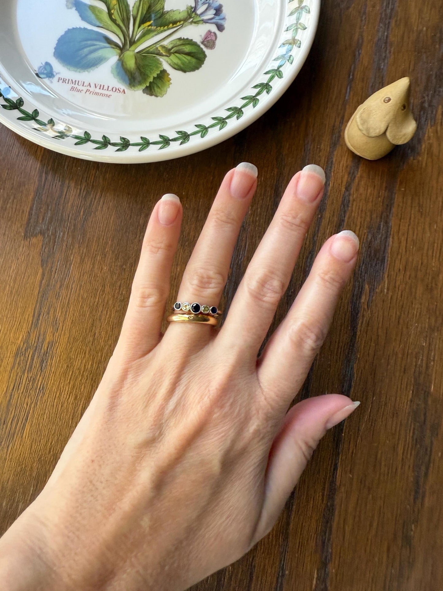 SAPPHIRE & YELLOW Old European Cut DIAMOND Five Stone Band 18k Gold Platinum Edwardian Antique Bezel Ring Romantic Gift Blue Wedding Stacker